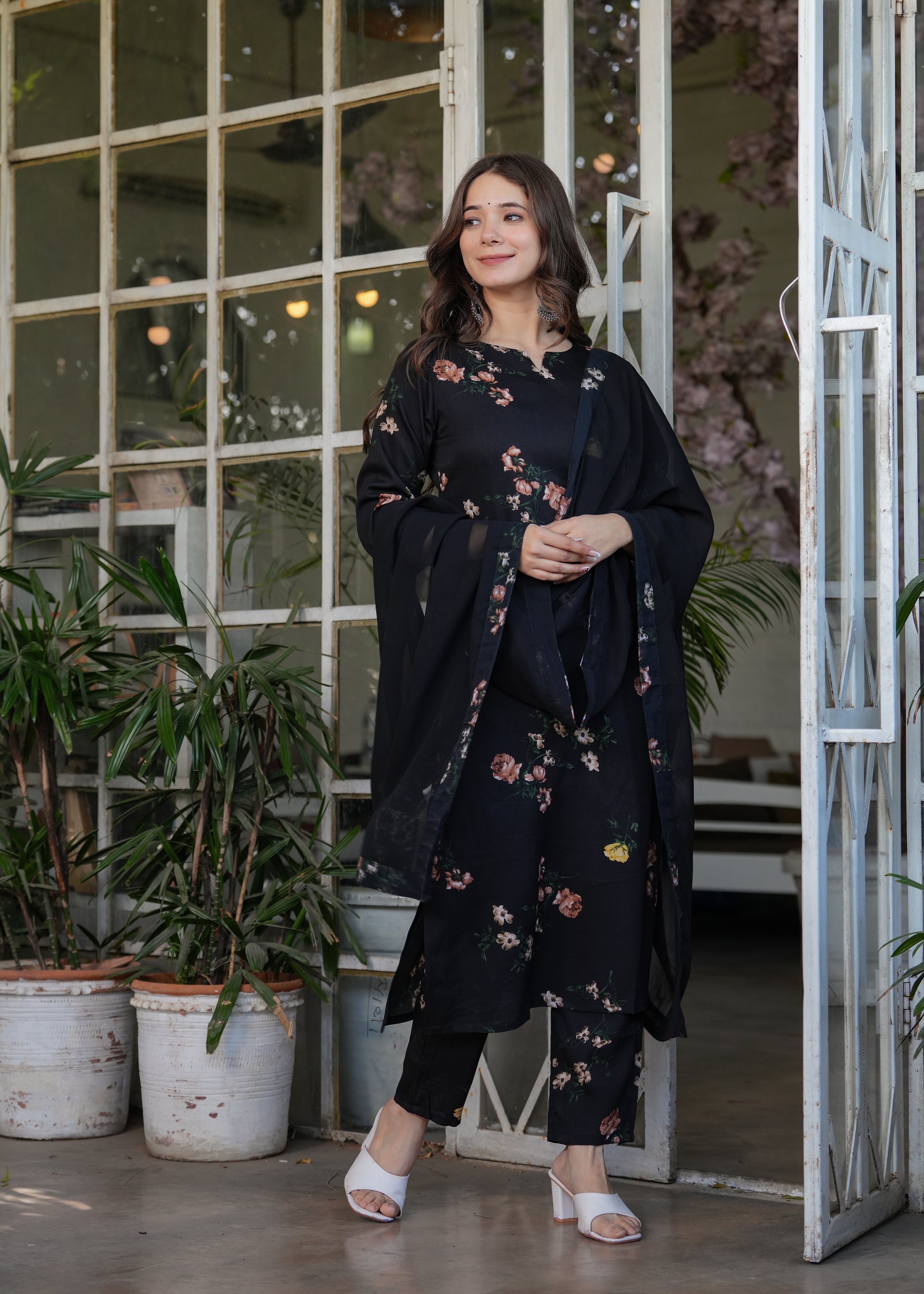 Black Silk Bleand Printed Kurta Set