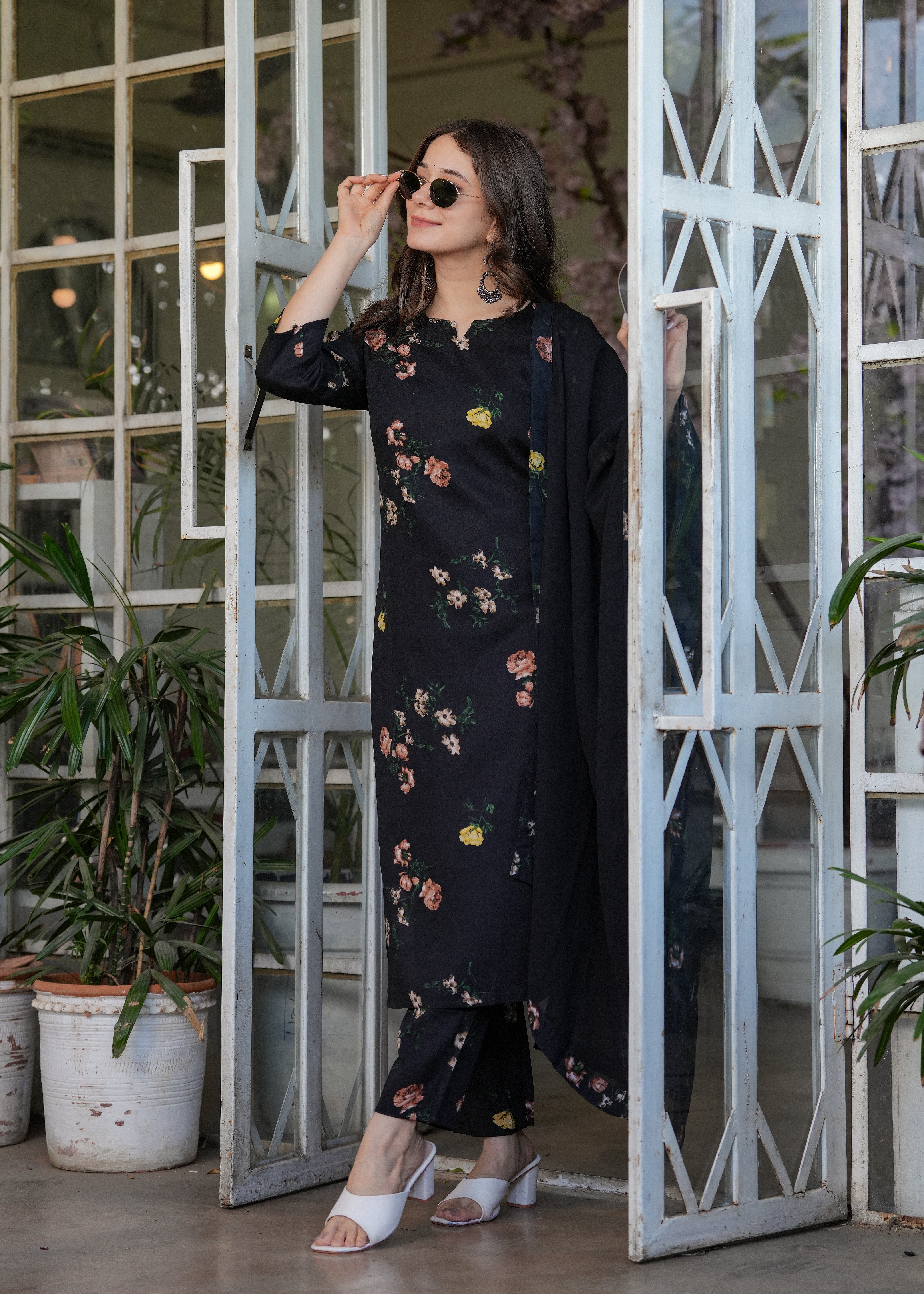 Black Silk Bleand Printed Kurta Set