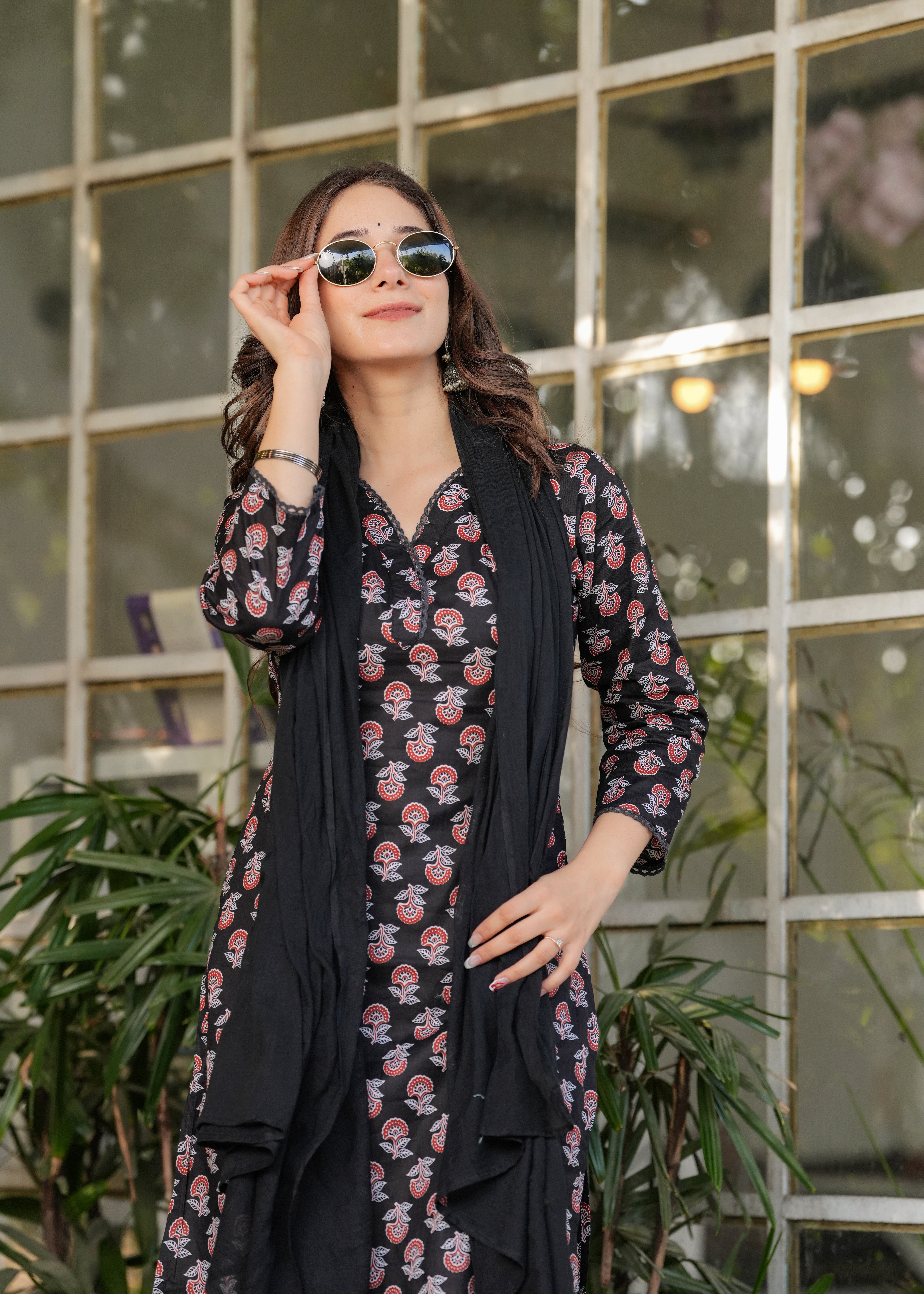 Black Pure Cotton Printed Kurta Pant Set