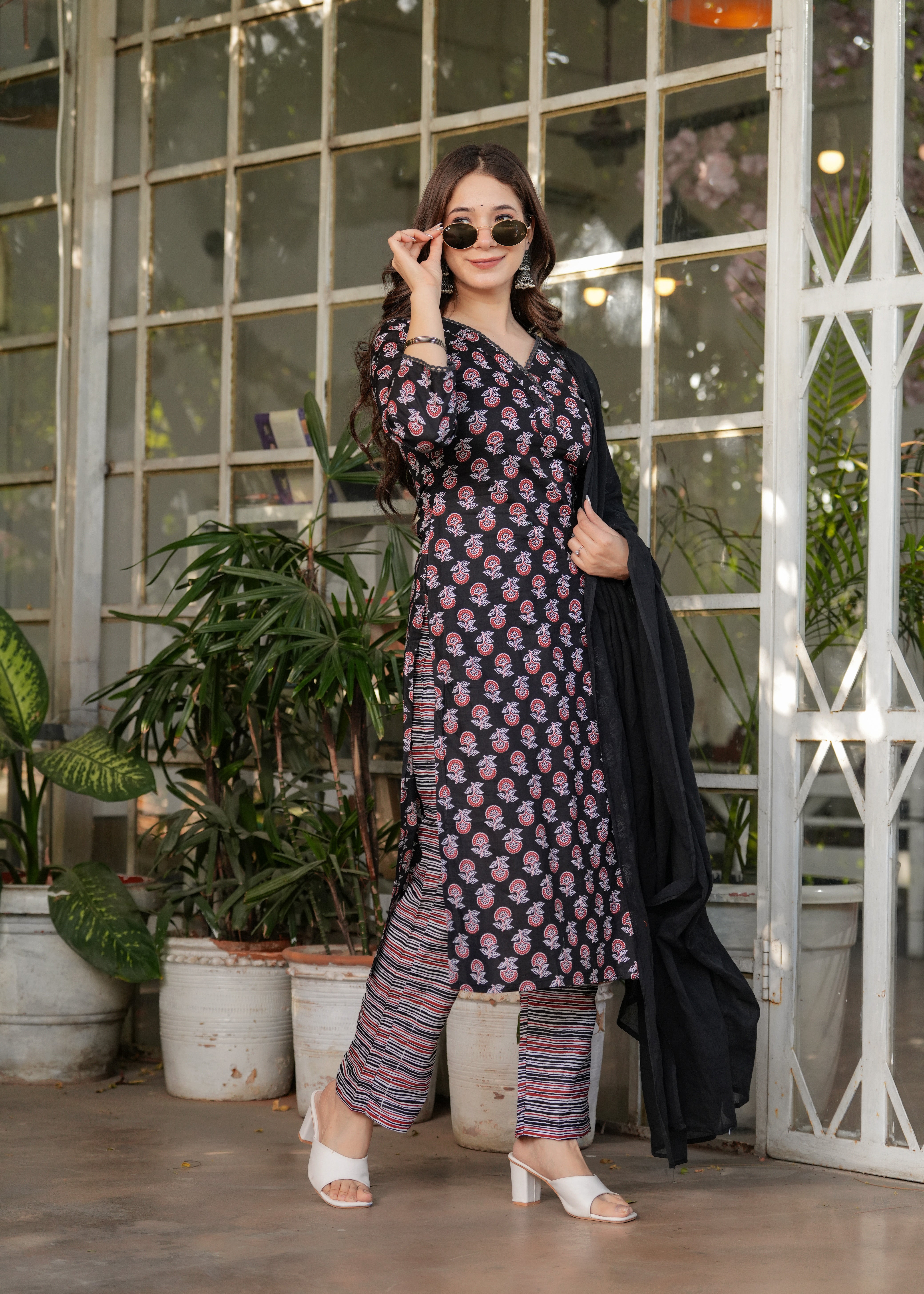 Black Pure Cotton Printed Kurta Pant Set