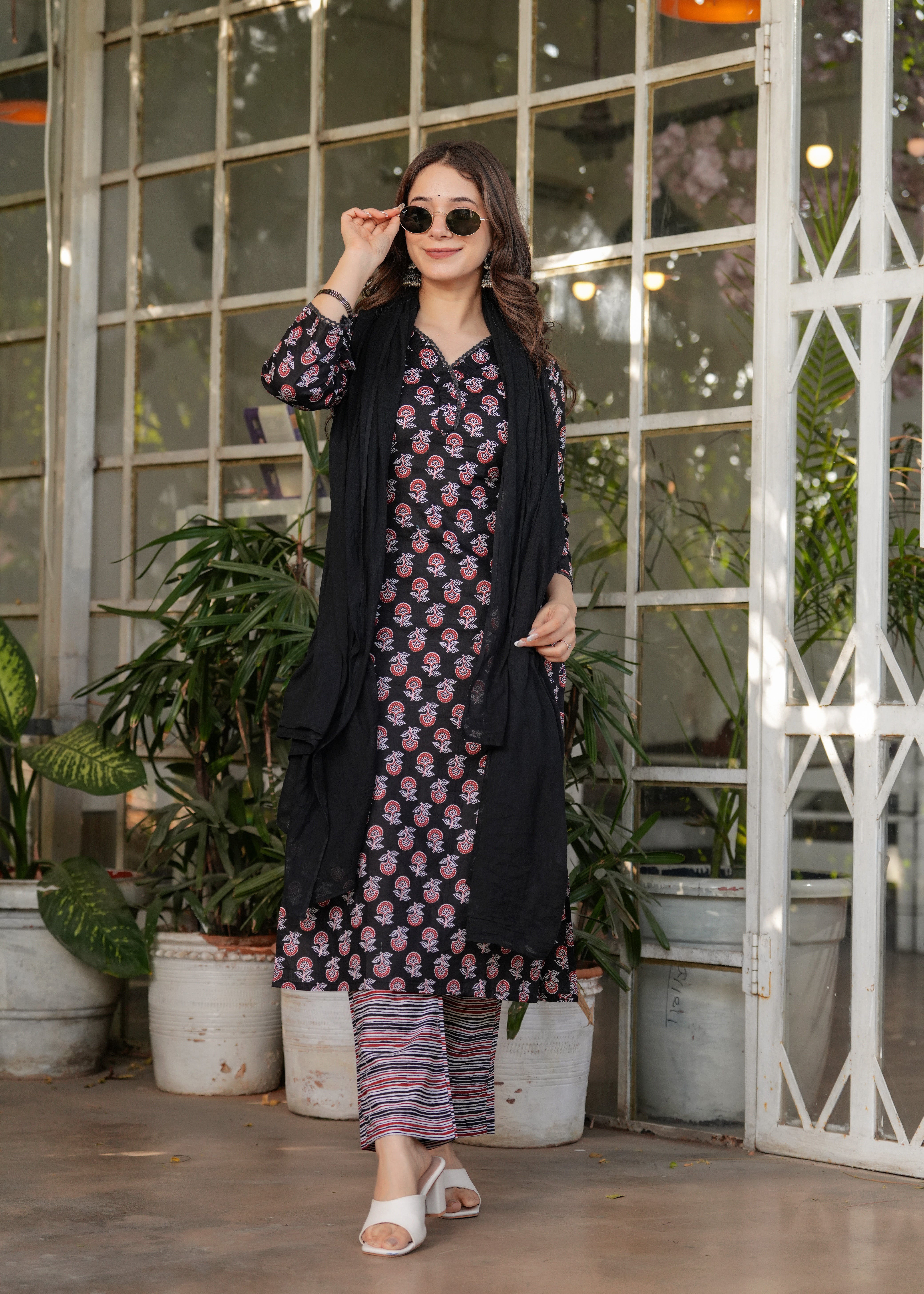 Black Pure Cotton Printed Kurta Pant Set