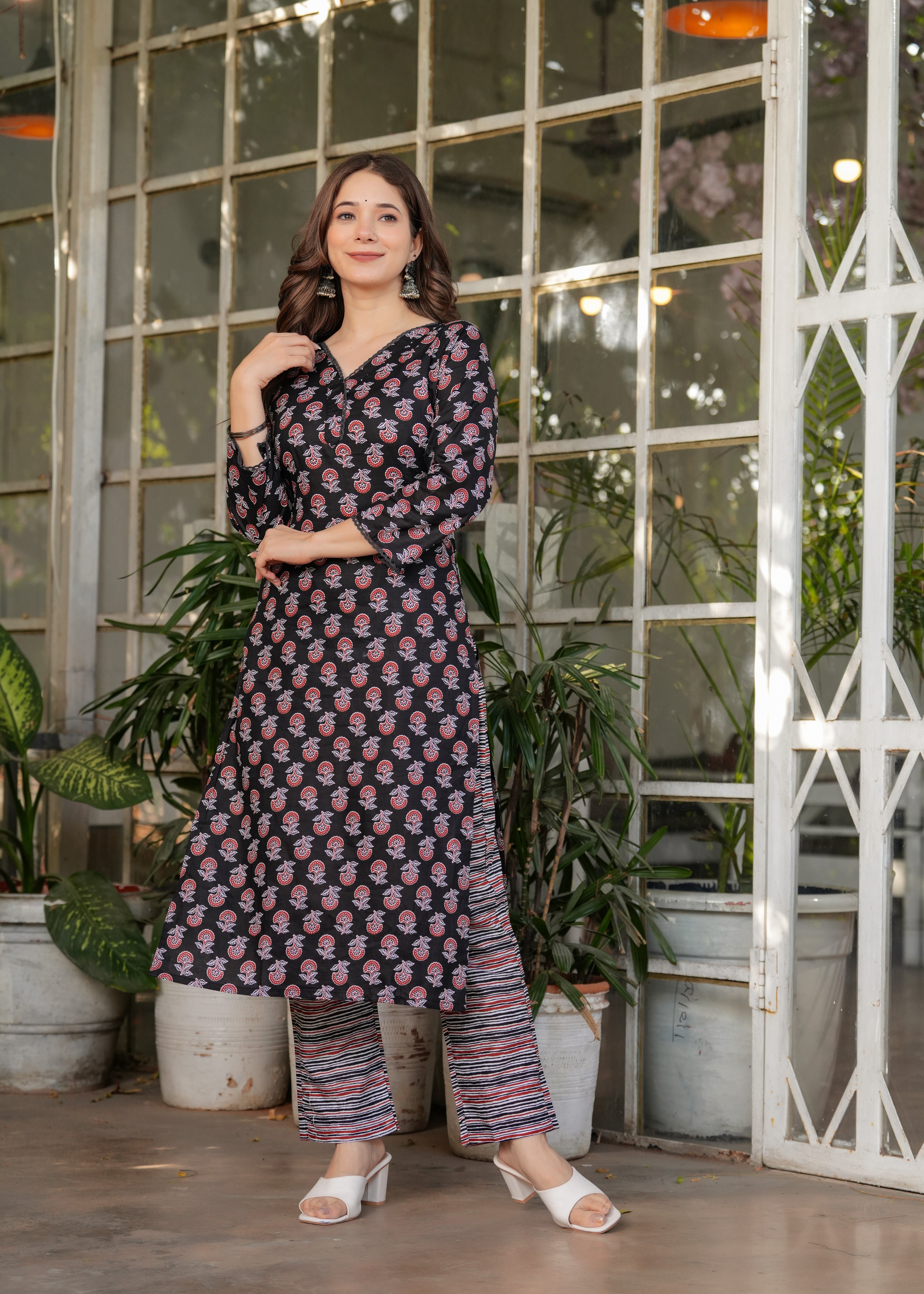 Black Pure Cotton Printed Kurta Pant Set
