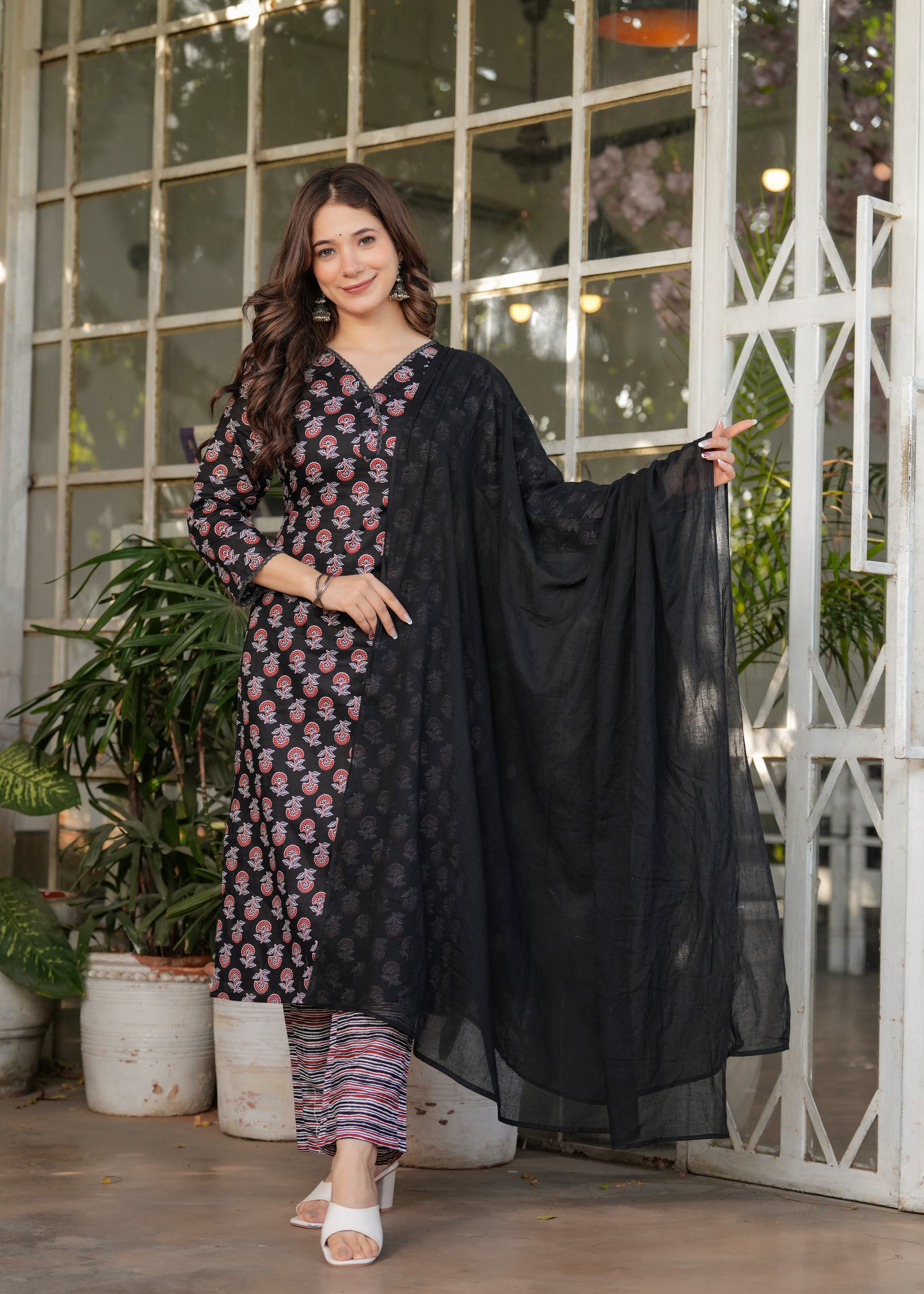 Black Pure Cotton Printed Kurta Pant Set