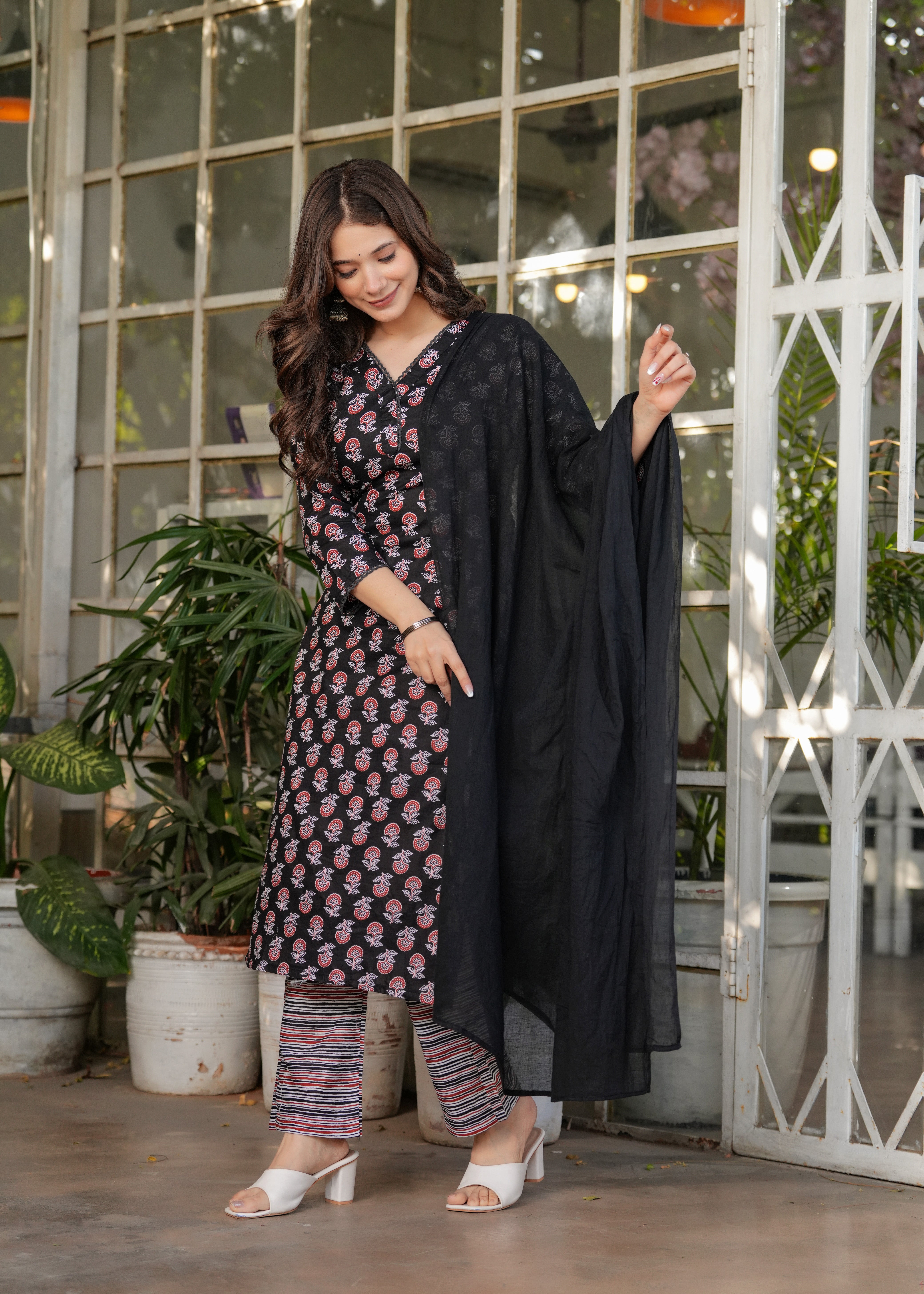 Black Pure Cotton Printed Kurta Pant Set