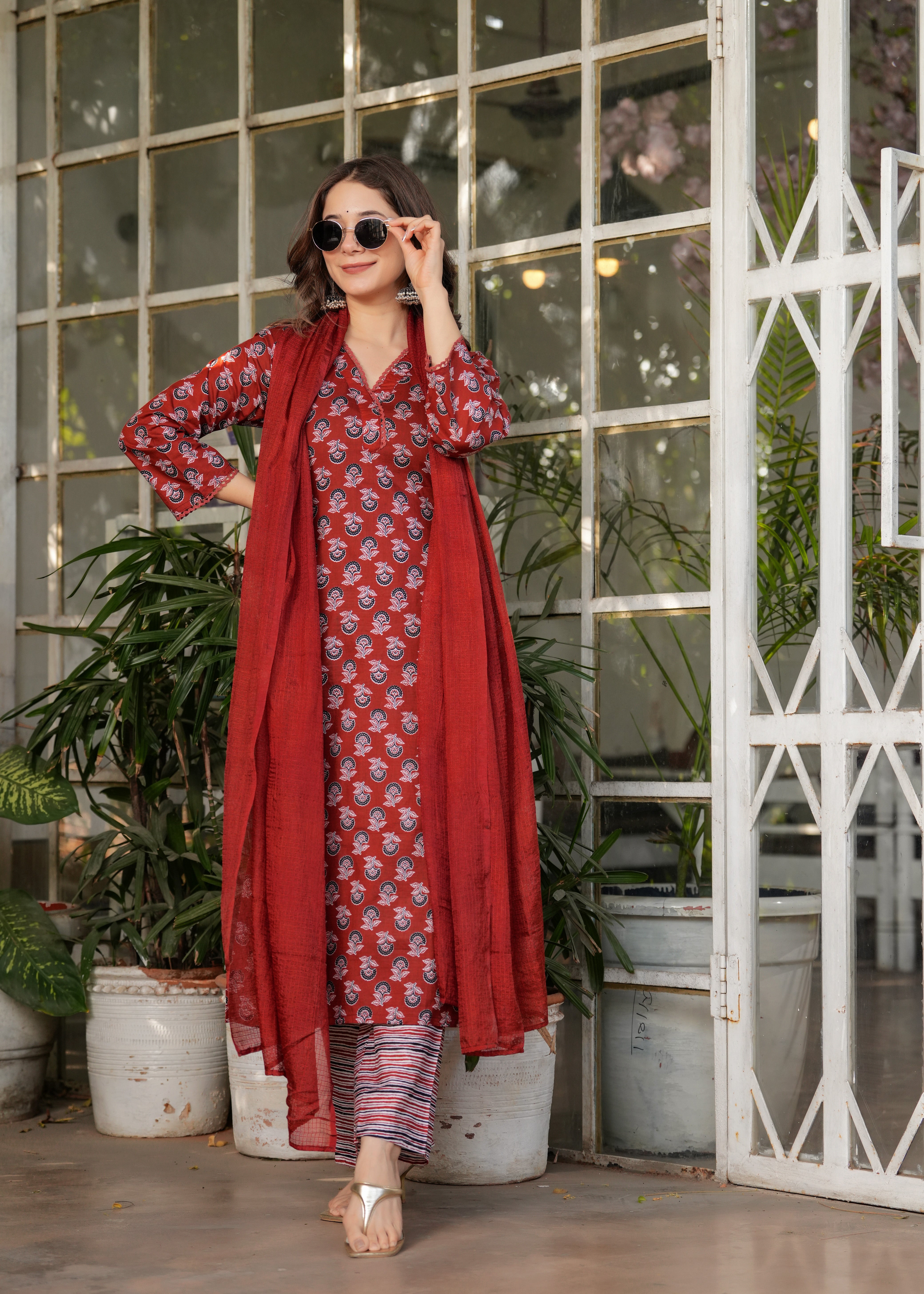 Maroon Pure Cotton Printed Kurta Pant Set