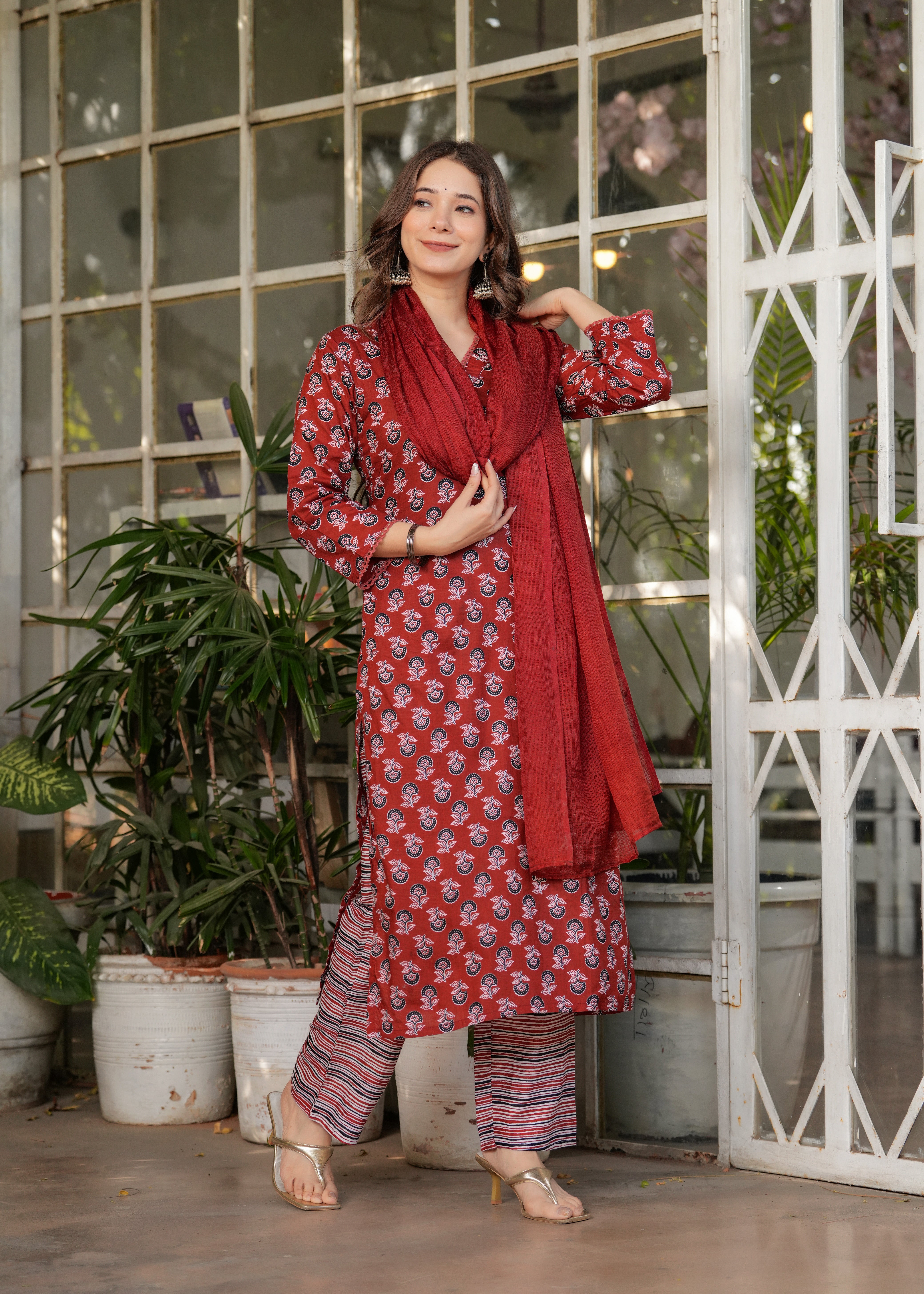 Maroon Pure Cotton Printed Kurta Pant Set