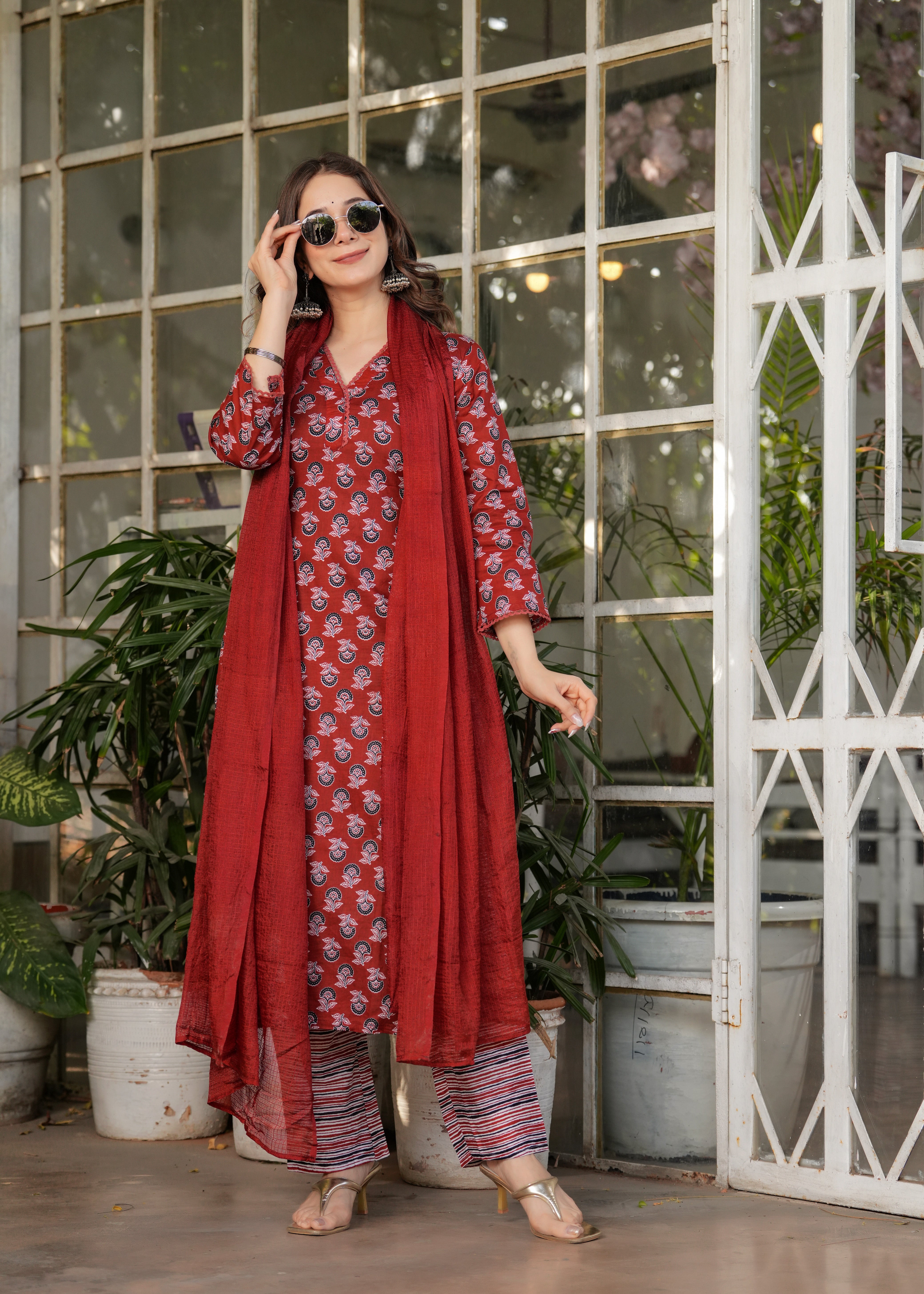 Maroon Pure Cotton Printed Kurta Pant Set