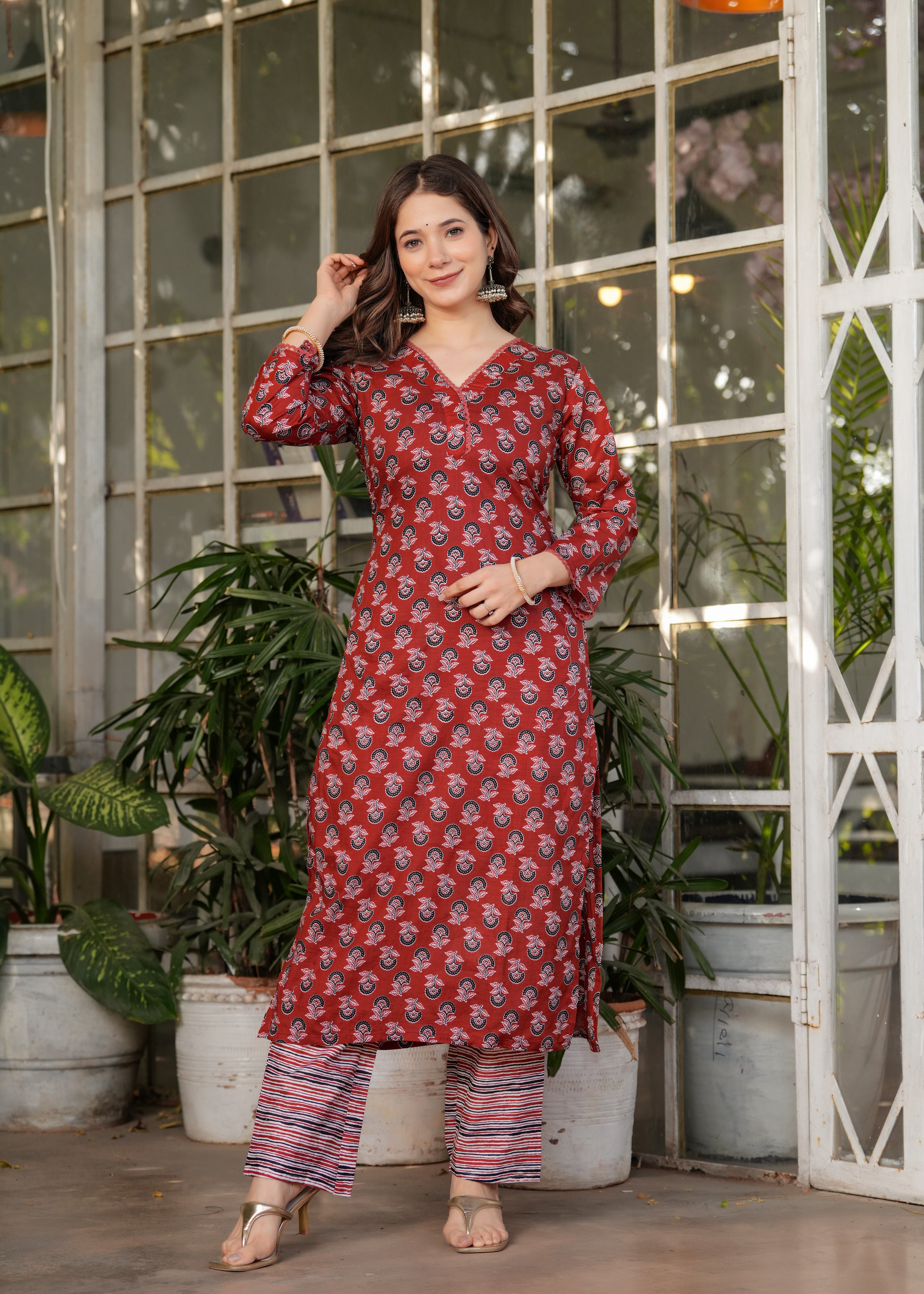 Maroon Pure Cotton Printed Kurta Pant Set