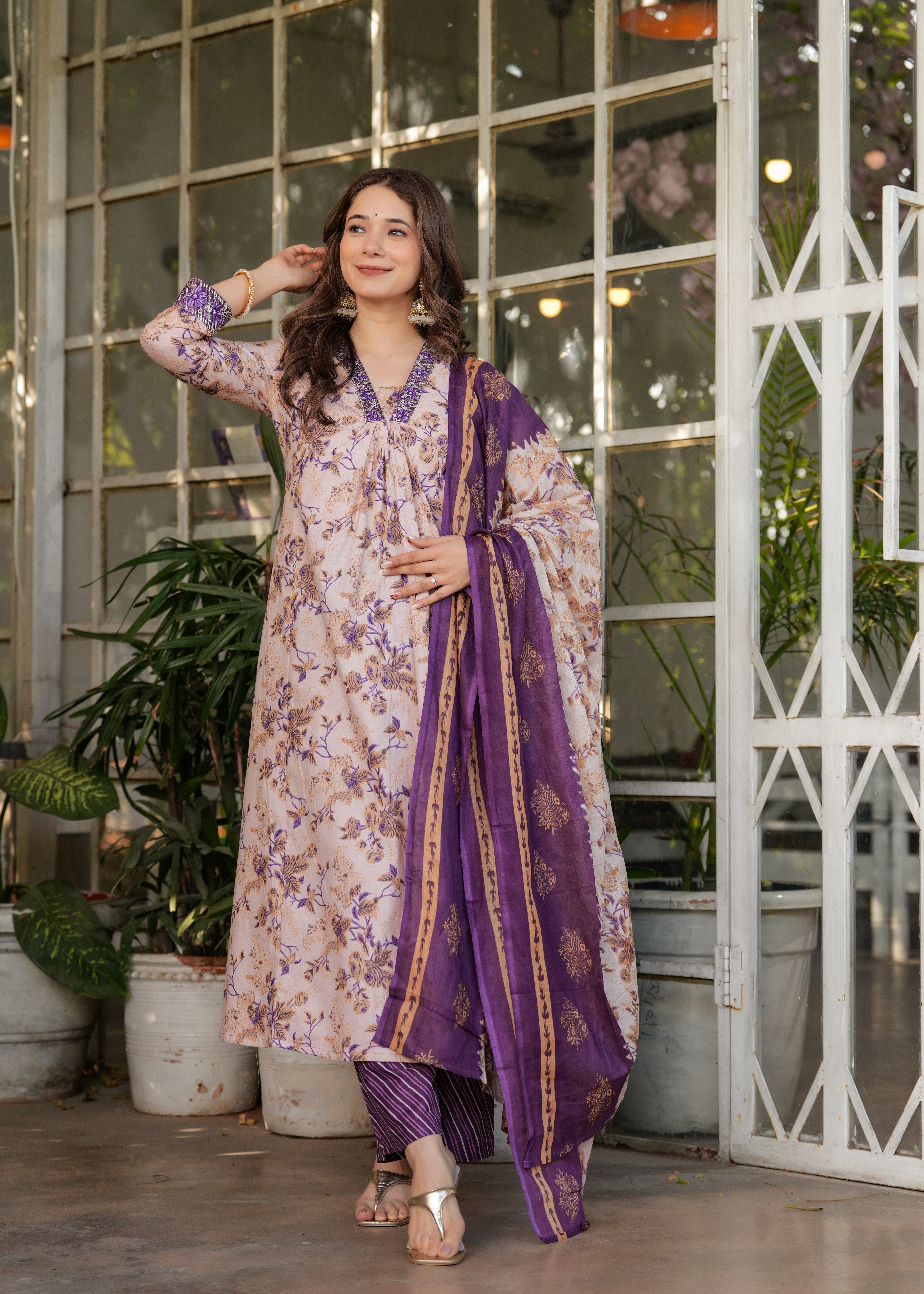 Mauve Pink & Purple Cotton Floral Printed Kurta Pant Set with Dupatta