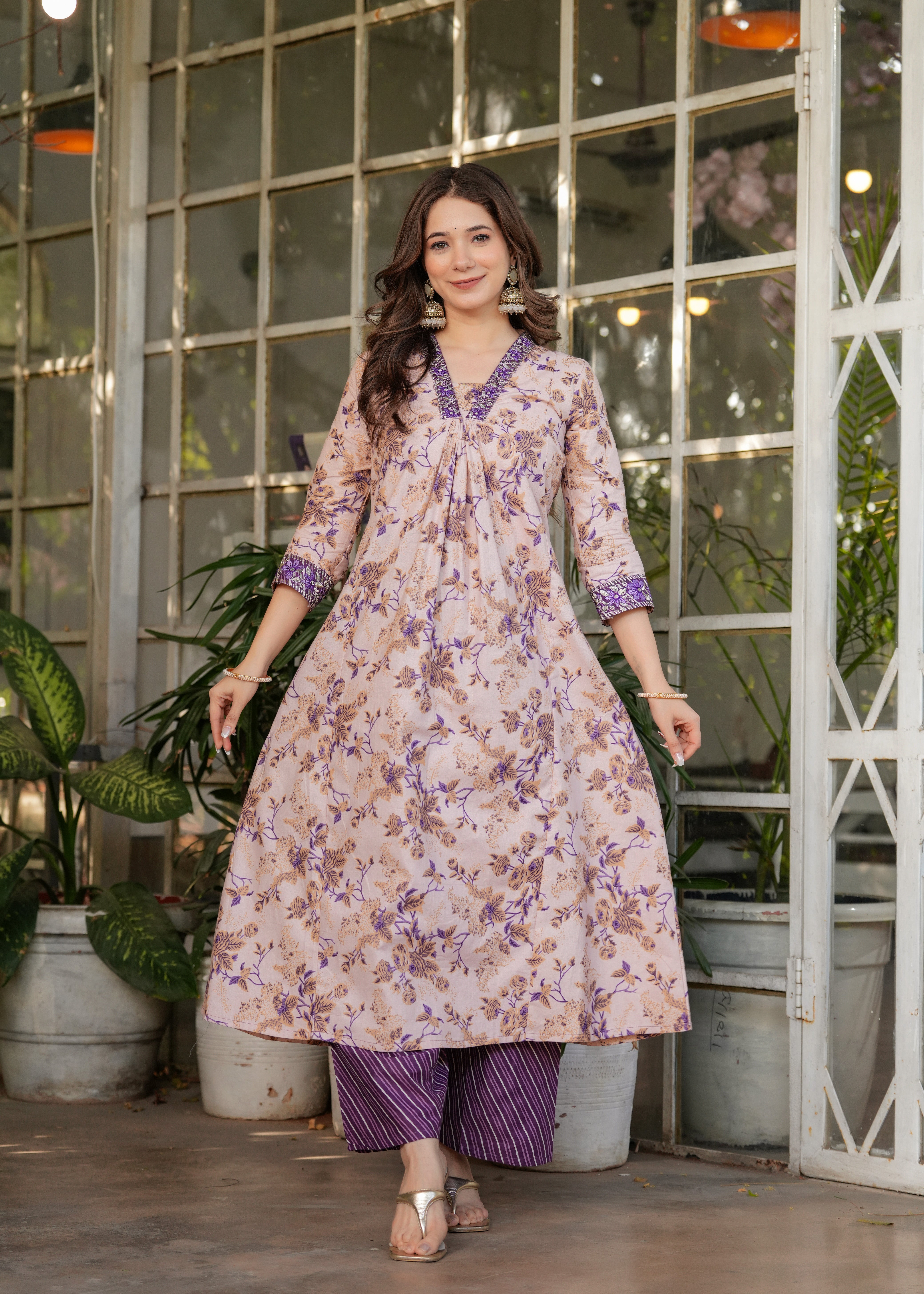 Mauve Pink & Purple Cotton Floral Printed Kurta Pant Set with Dupatta
