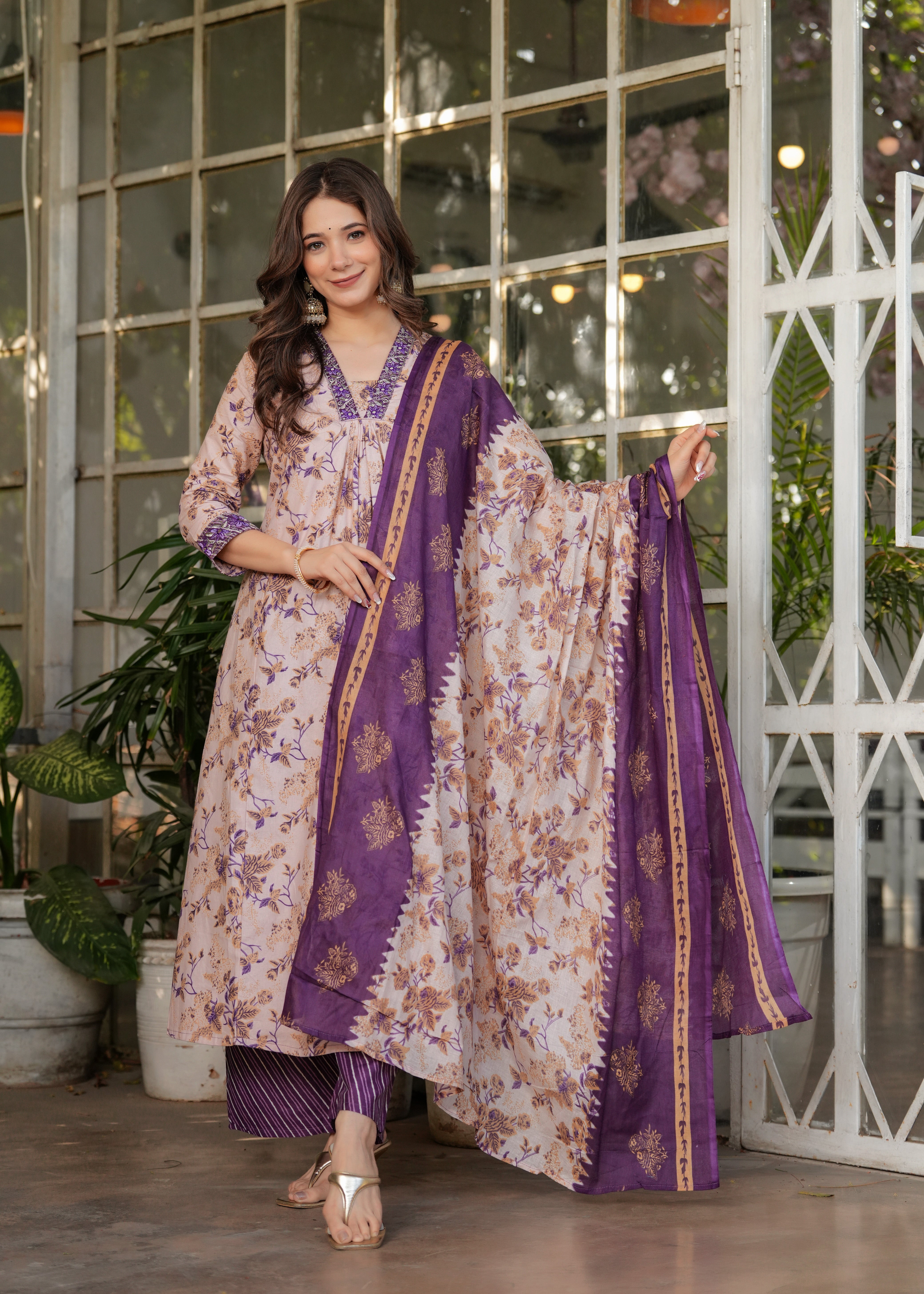 Mauve Pink & Purple Cotton Floral Printed Kurta Pant Set with Dupatta