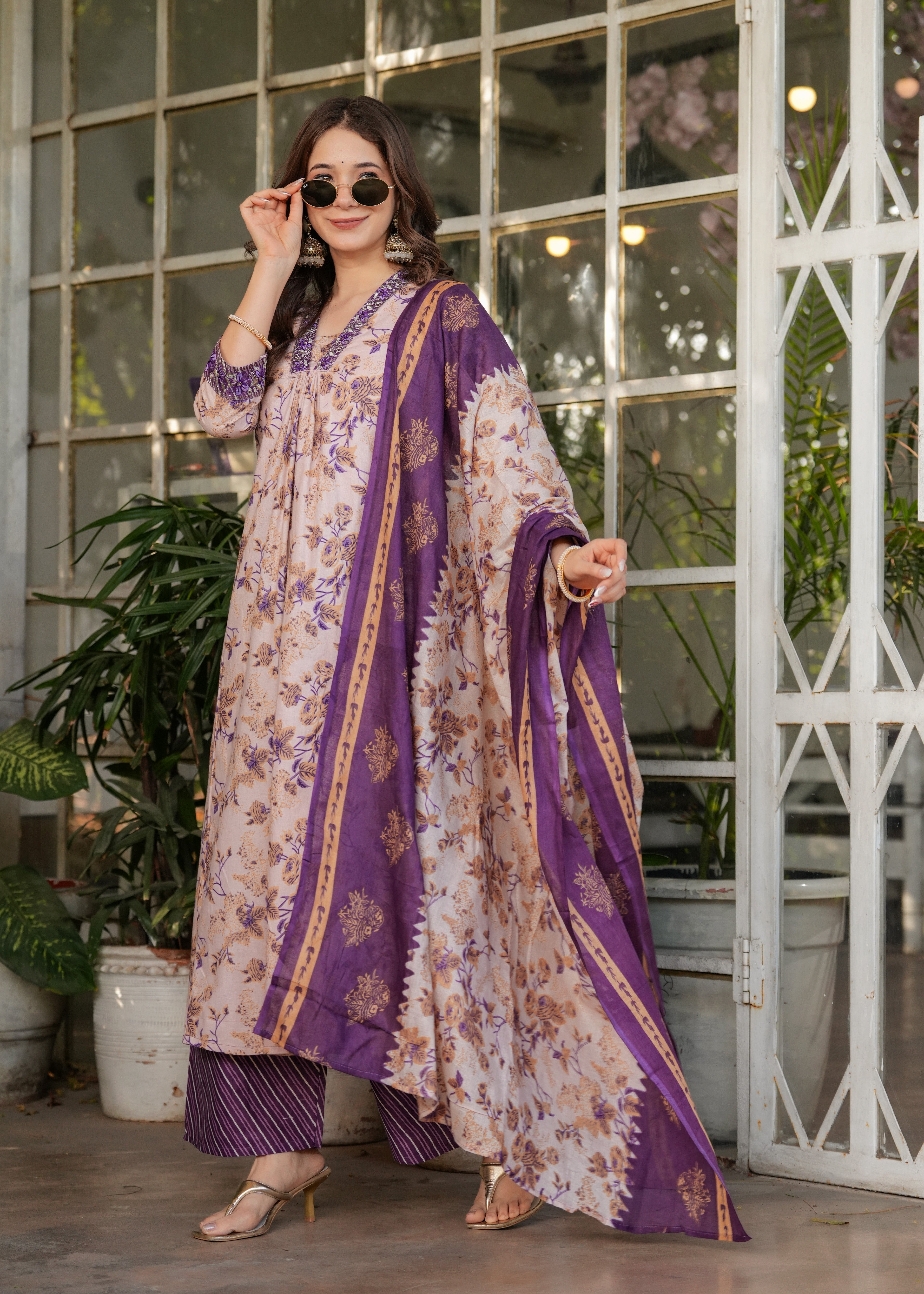 Mauve Pink & Purple Cotton Floral Printed Kurta Pant Set with Dupatta