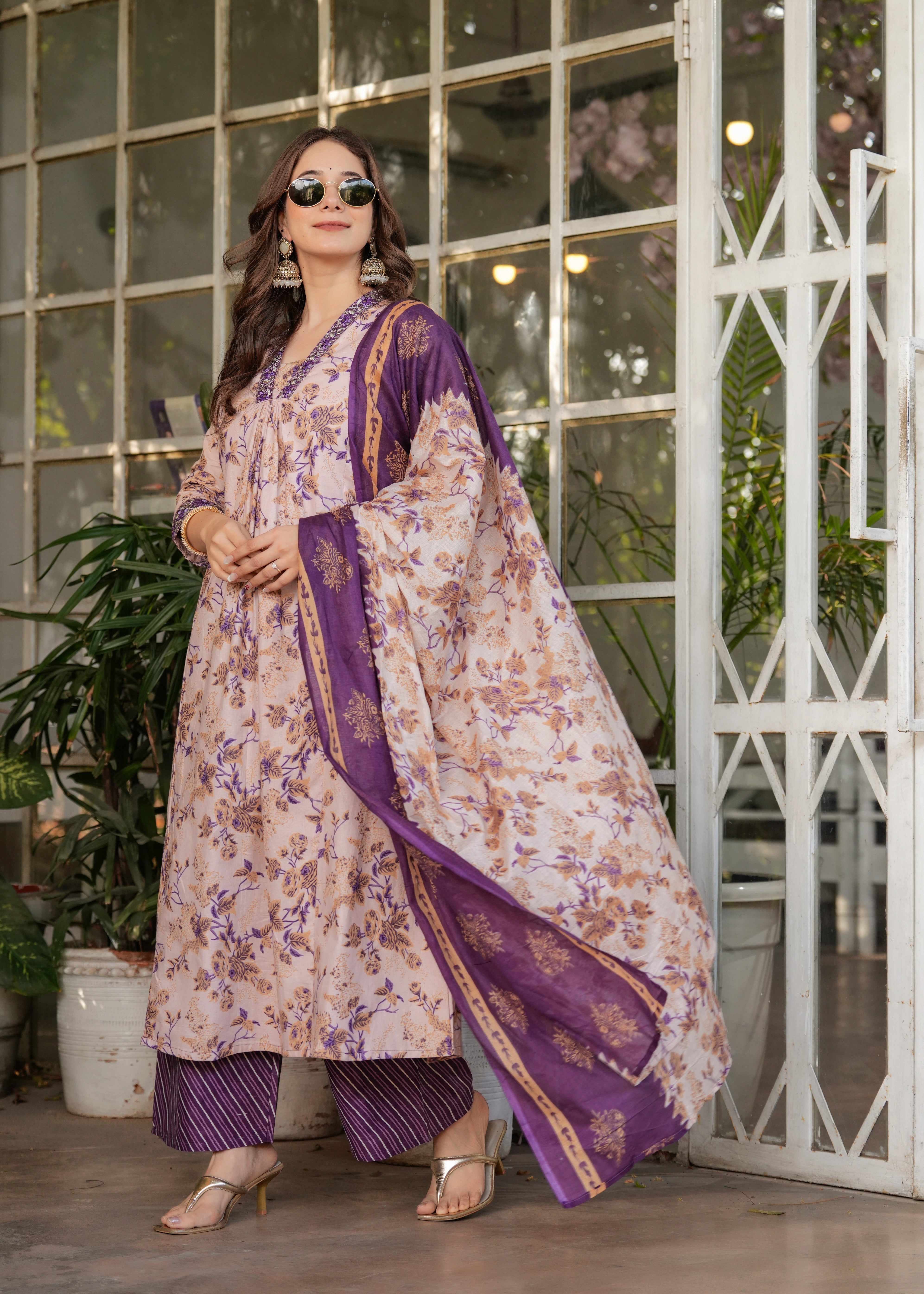 Mauve Pink & Purple Cotton Floral Printed Kurta Pant Set with Dupatta