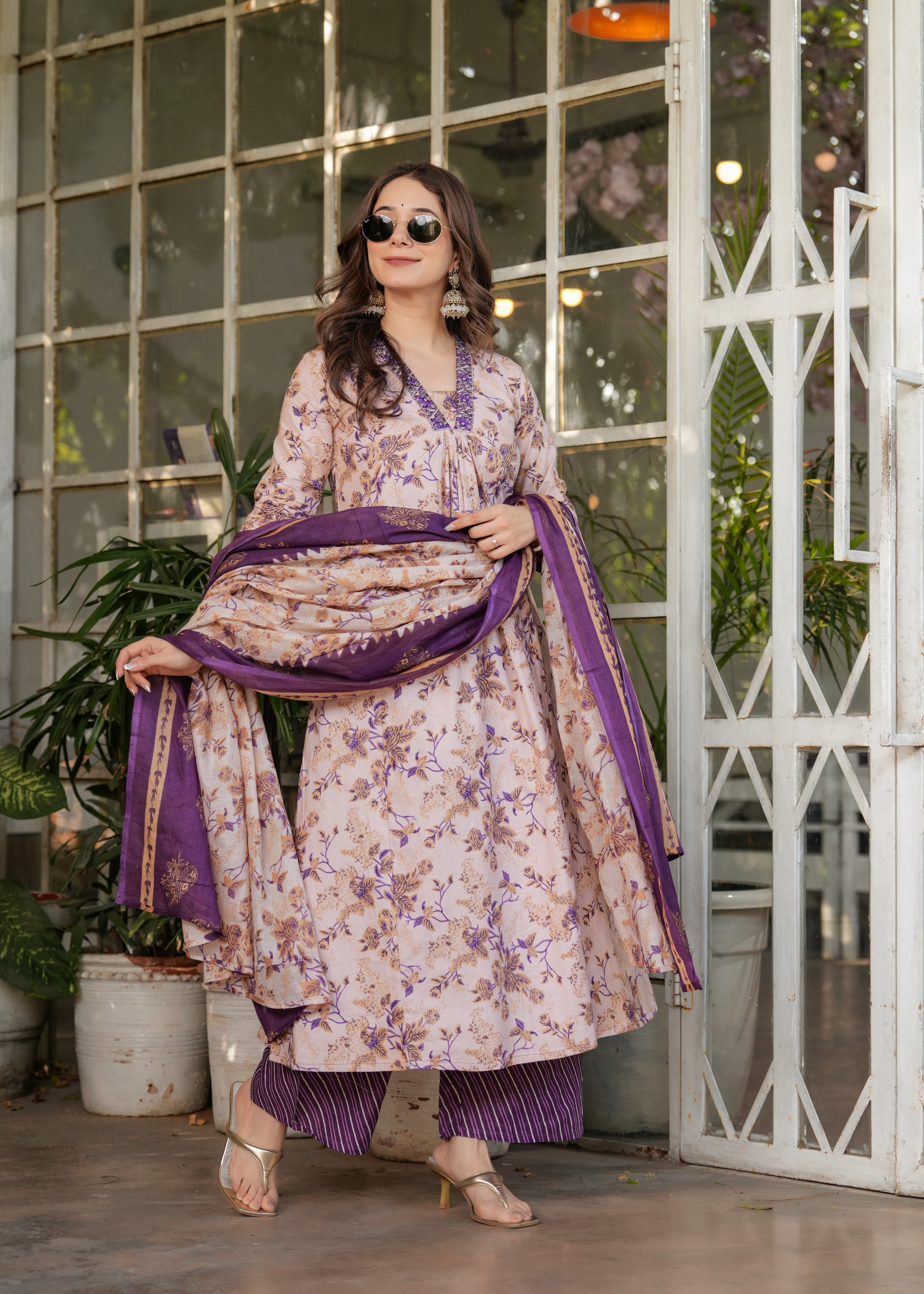 Mauve Pink & Purple Cotton Floral Printed Kurta Pant Set with Dupatta