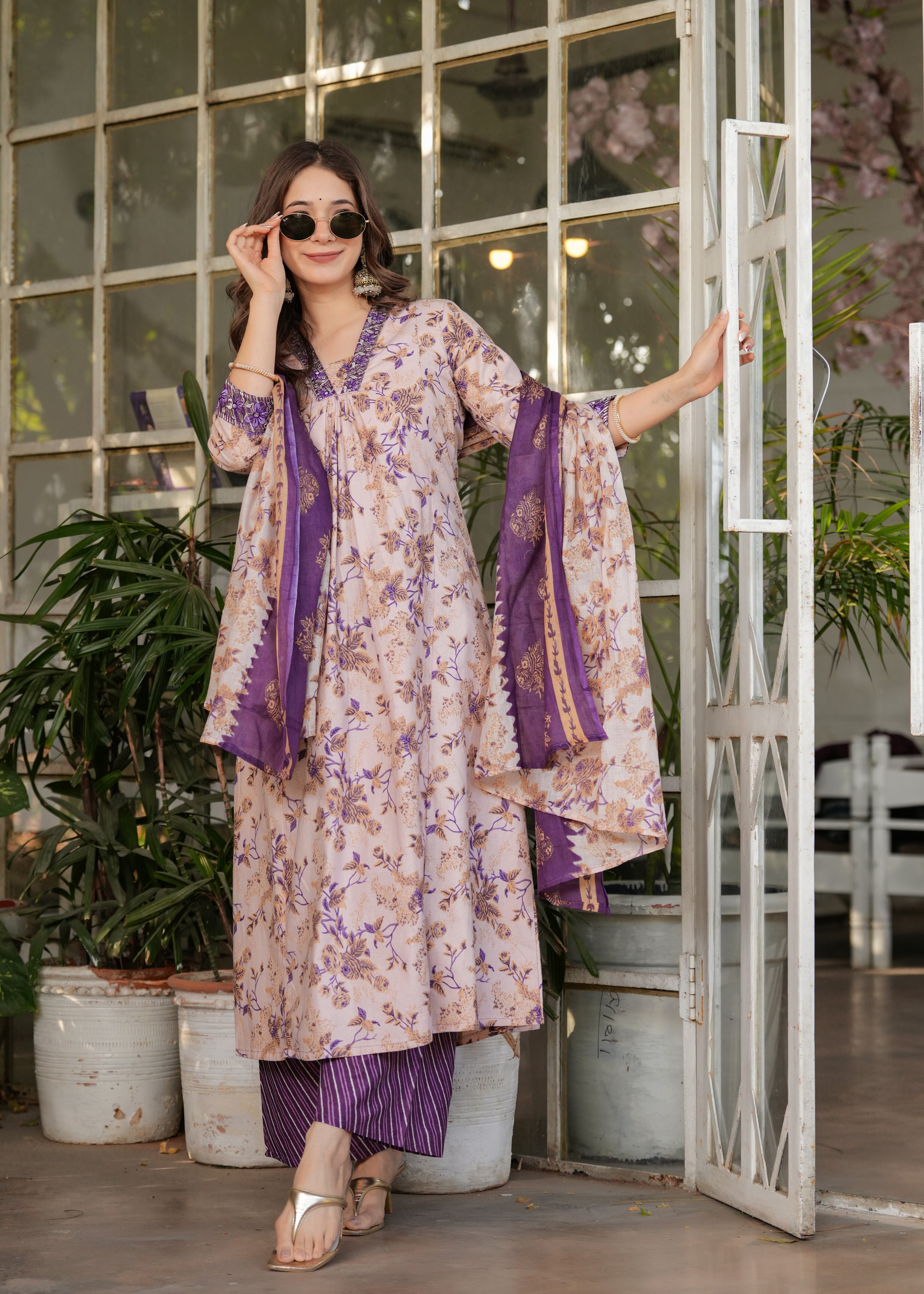 Mauve Pink & Purple Cotton Floral Printed Kurta Pant Set with Dupatta