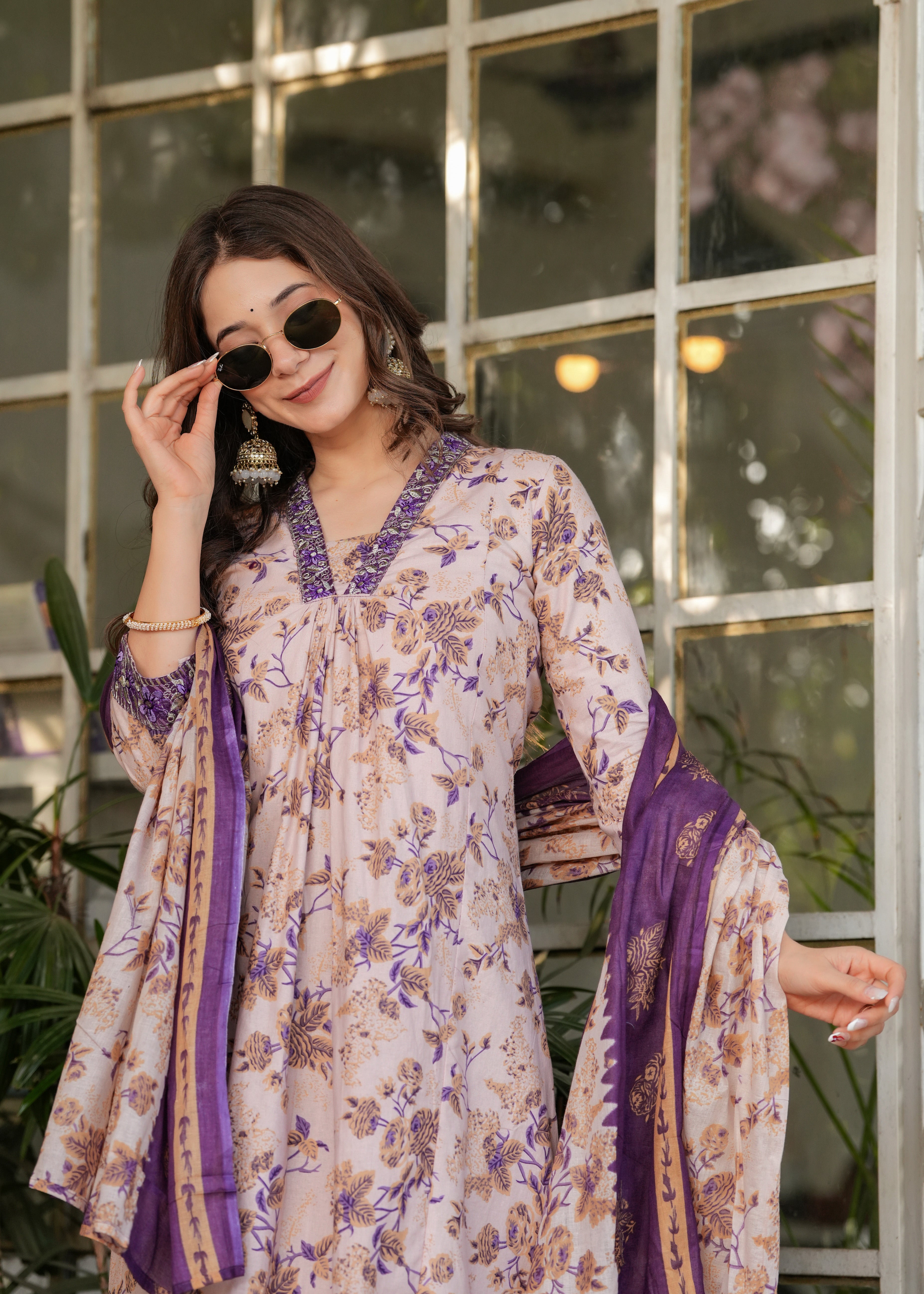 Mauve Pink & Purple Cotton Floral Printed Kurta Pant Set with Dupatta