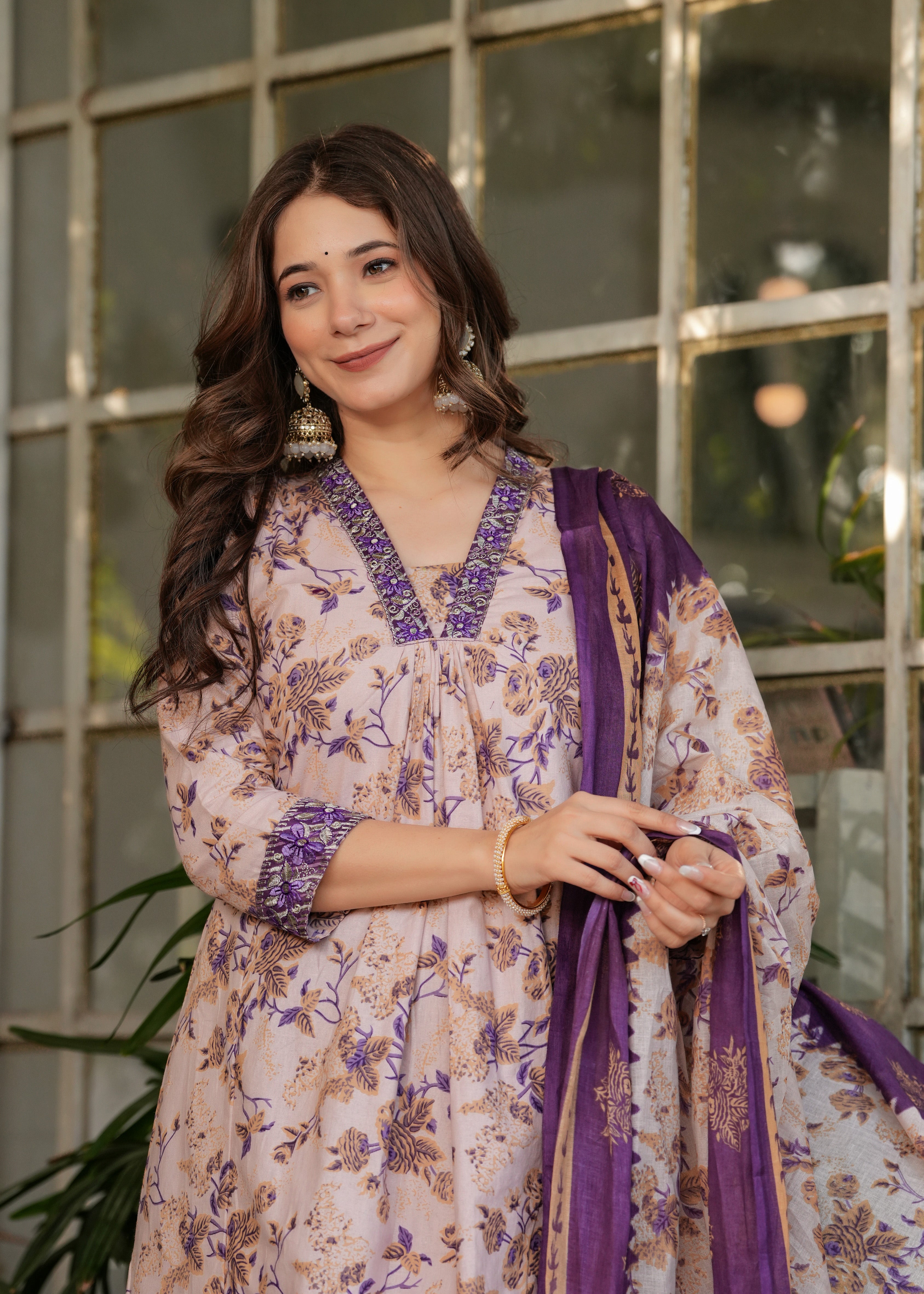Mauve Pink & Purple Cotton Floral Printed Kurta Pant Set with Dupatta