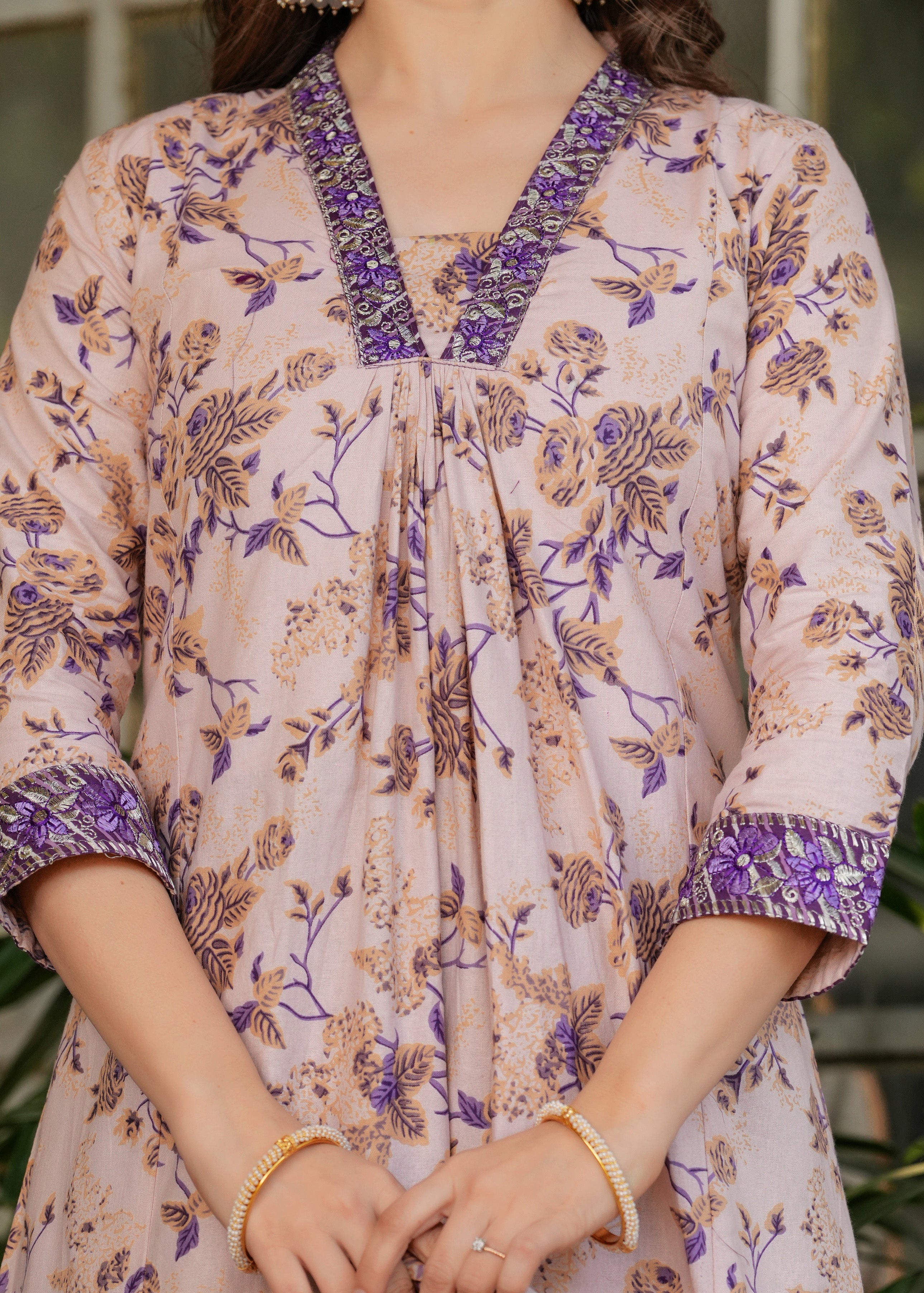 Mauve Pink & Purple Cotton Floral Printed Kurta Pant Set with Dupatta