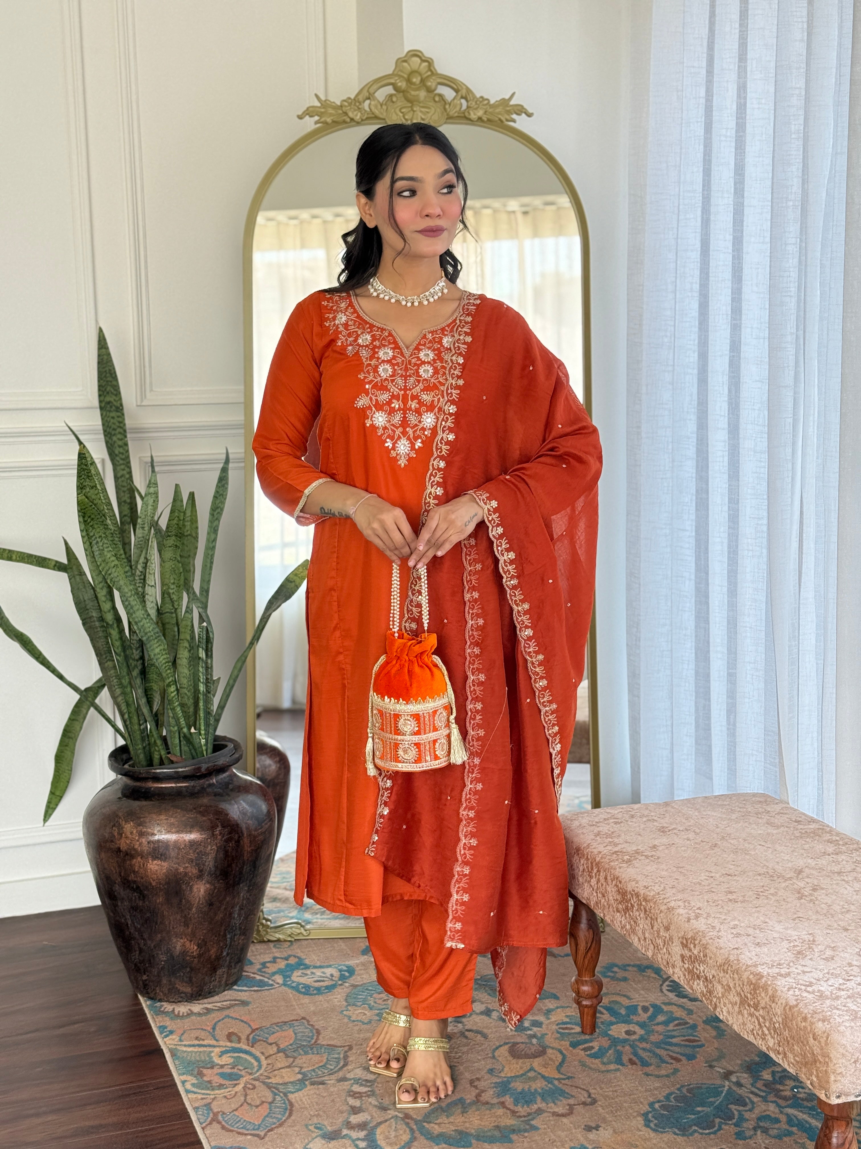 Rust Viscose Chinon Kurta Pant Set with a Matching Lace-Border Dupatta