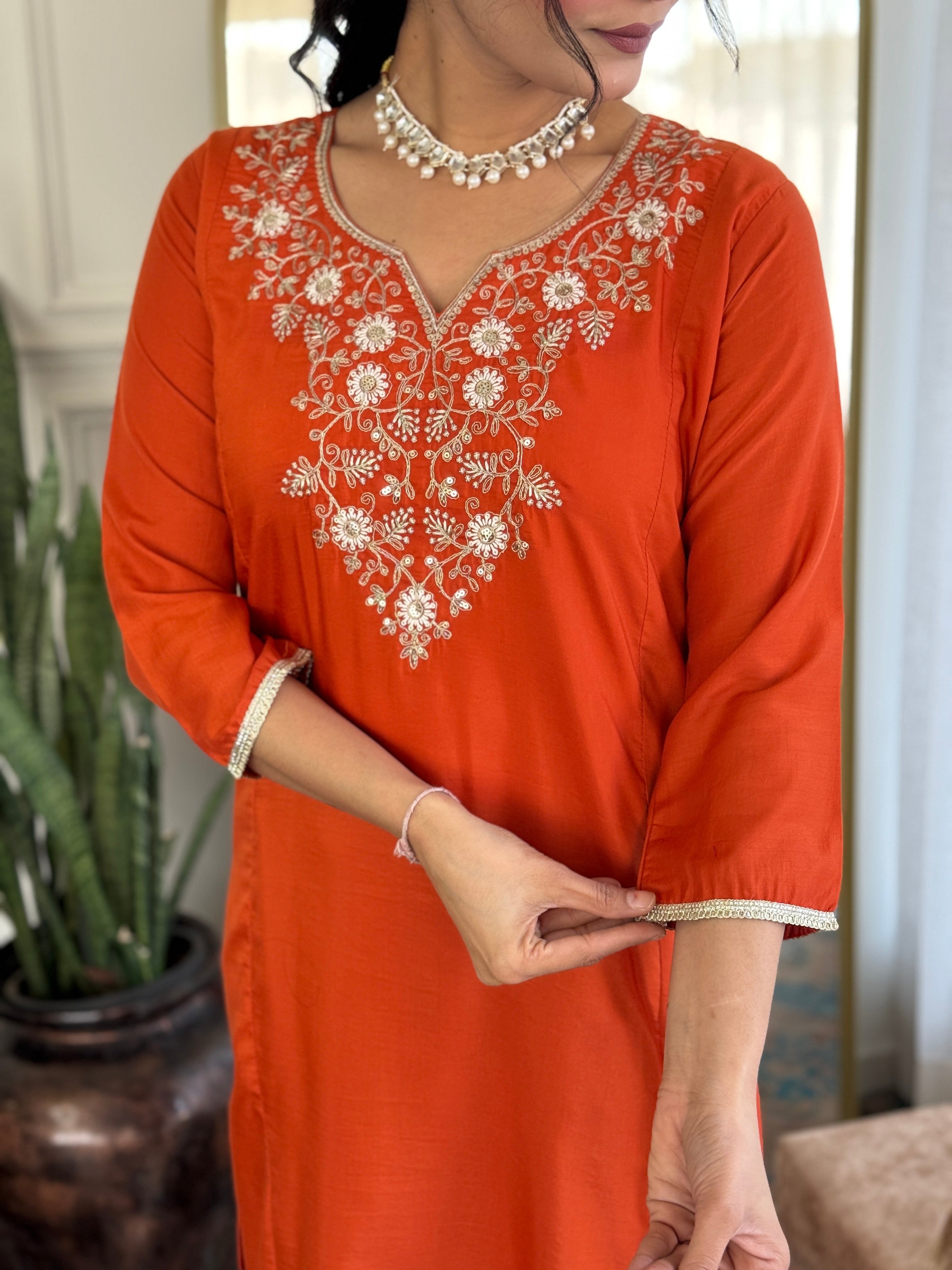 Rust Viscose Chinon Kurta Pant Set with a Matching Lace-Border Dupatta