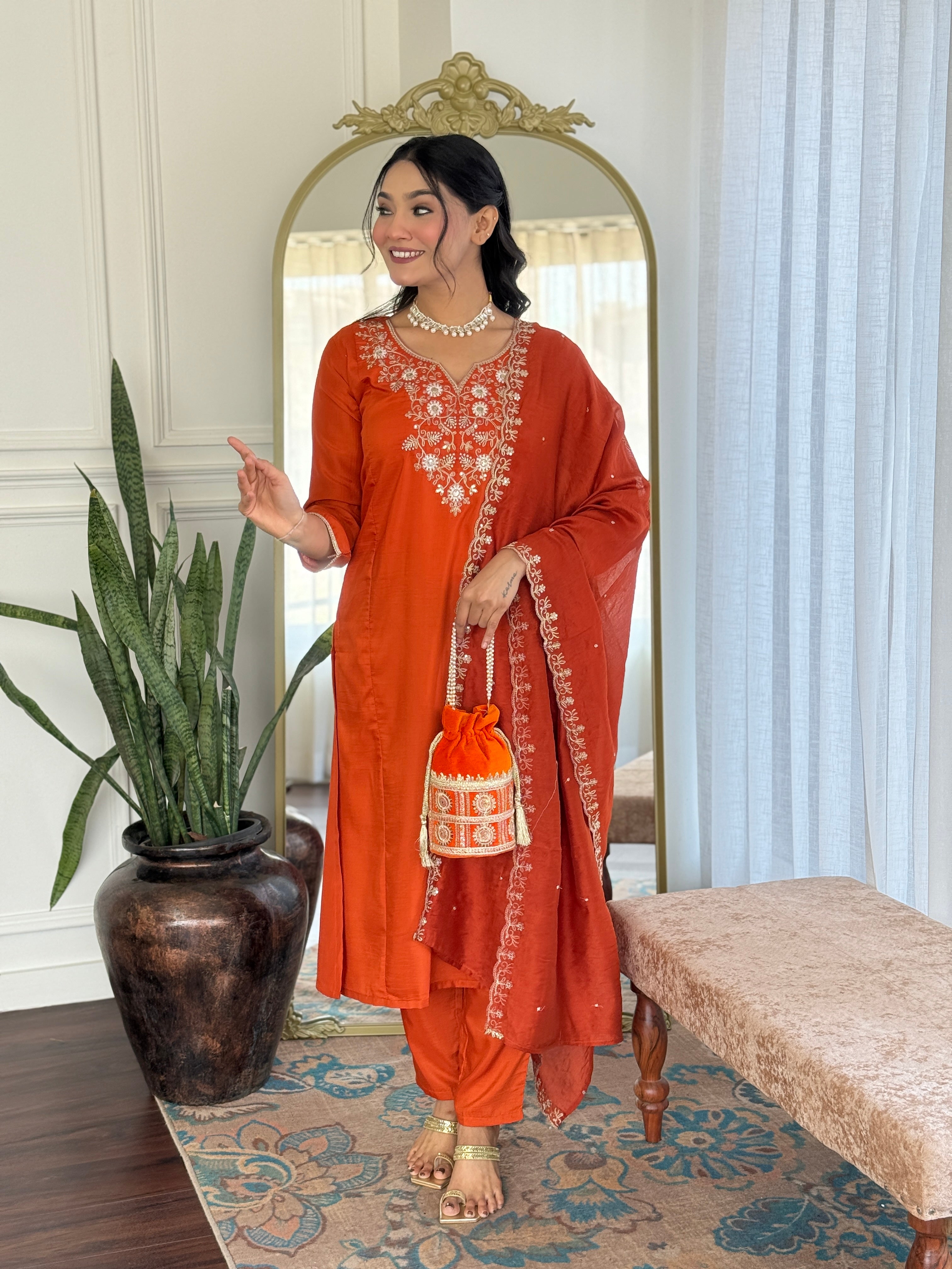 Rust Viscose Chinon Kurta Pant Set with a Matching Lace-Border Dupatta
