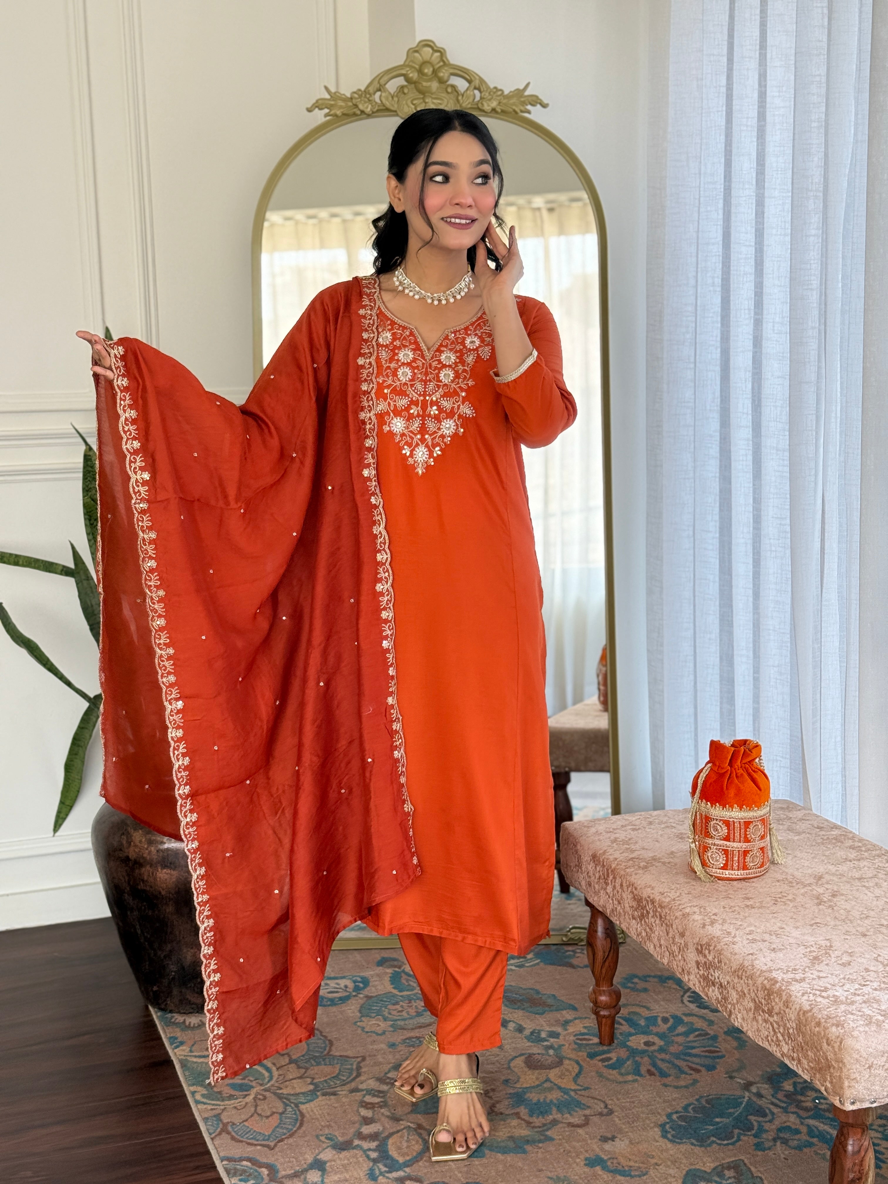 Rust Viscose Chinon Kurta Pant Set with a Matching Lace-Border Dupatta