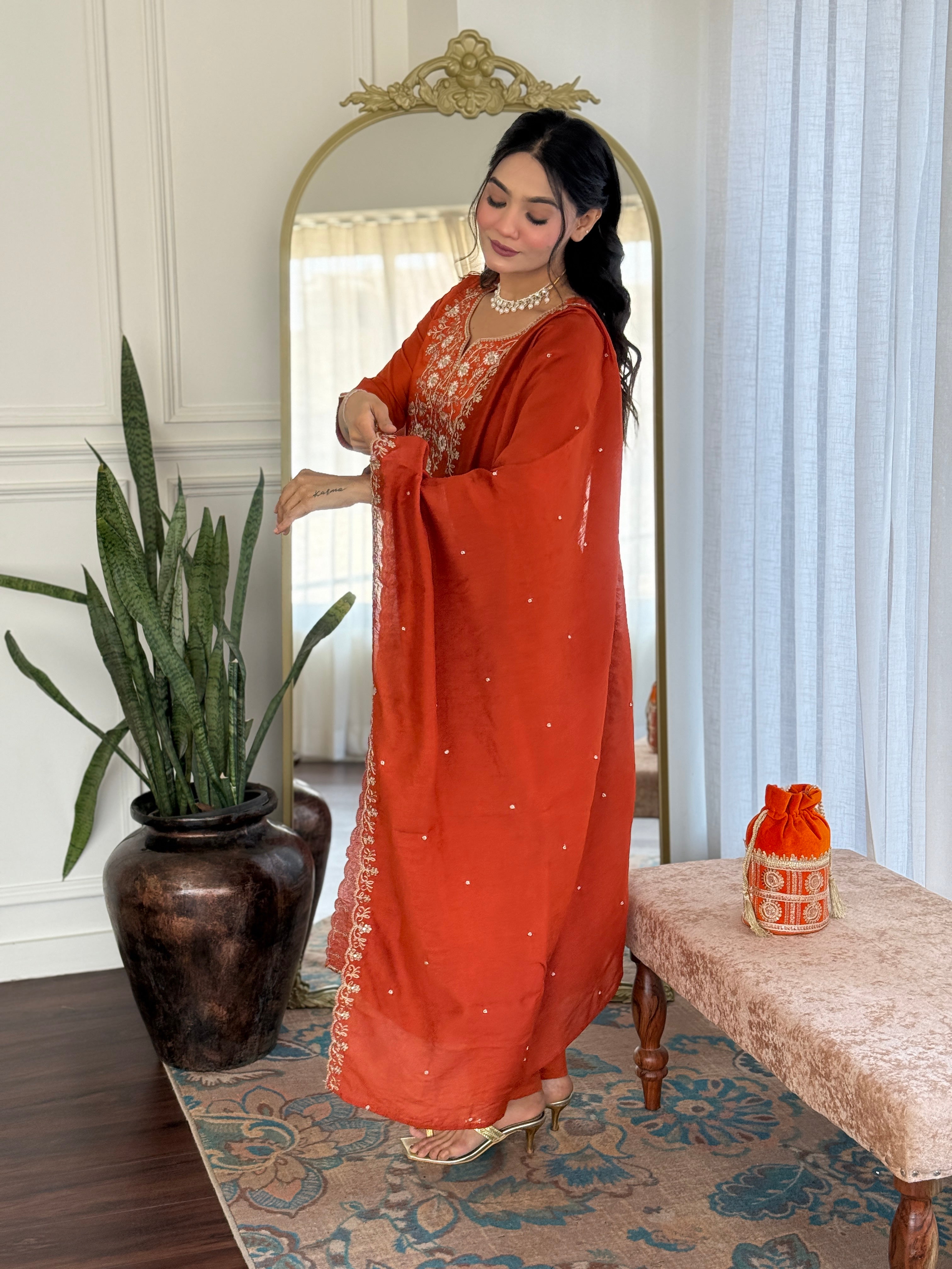 Rust Viscose Chinon Kurta Pant Set with a Matching Lace-Border Dupatta