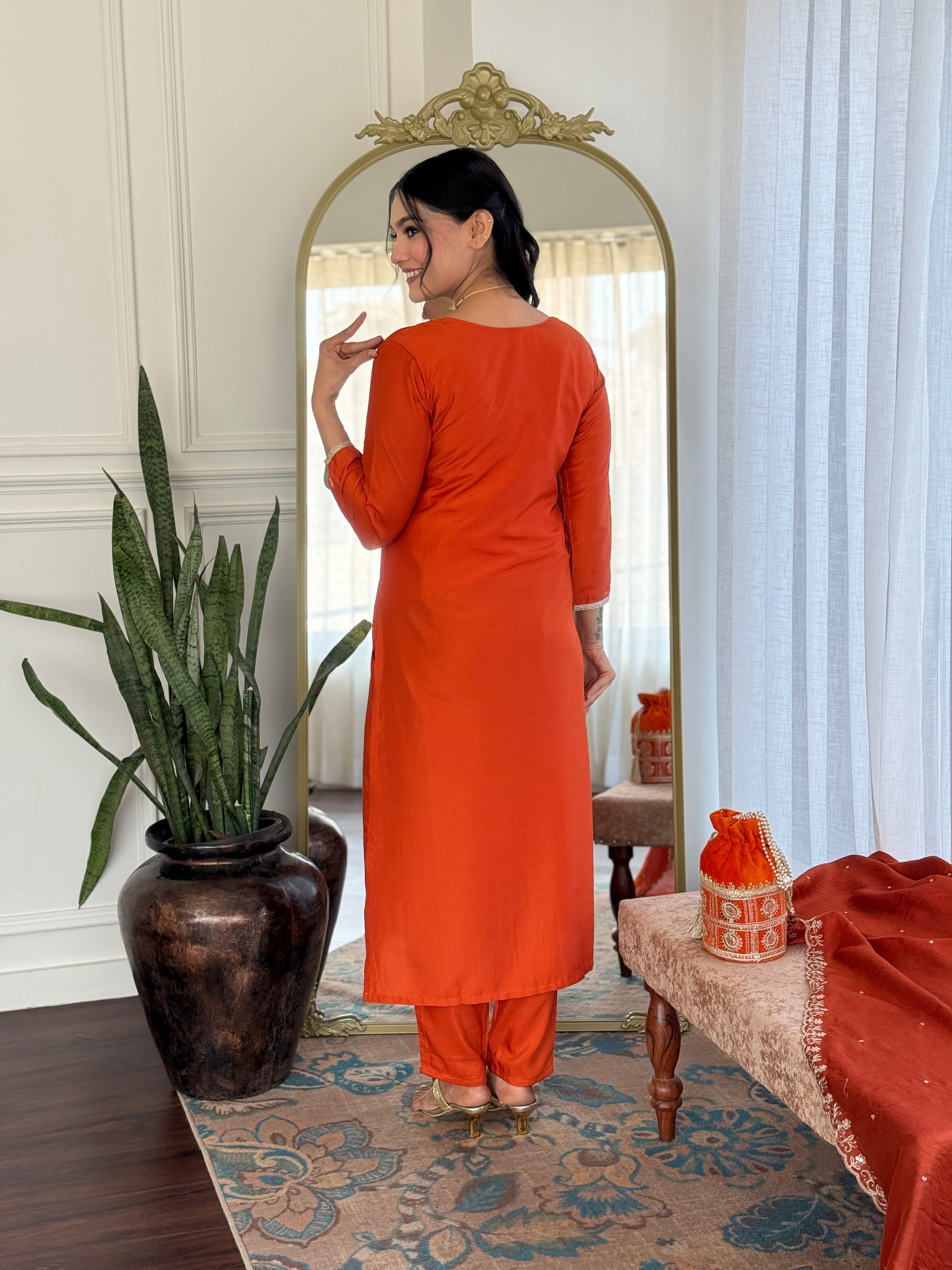 Rust Viscose Chinon Kurta Pant Set with a Matching Lace-Border Dupatta