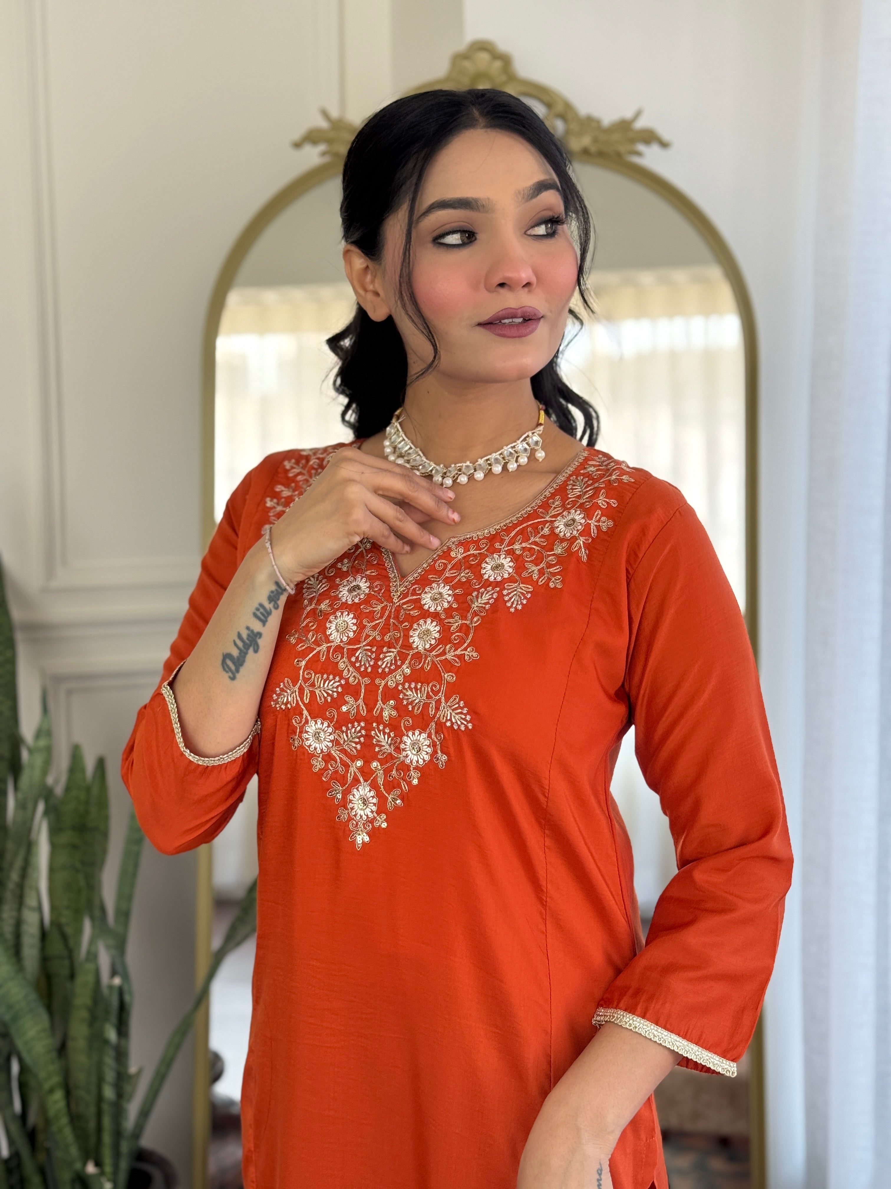 Rust Viscose Chinon Kurta Pant Set with a Matching Lace-Border Dupatta