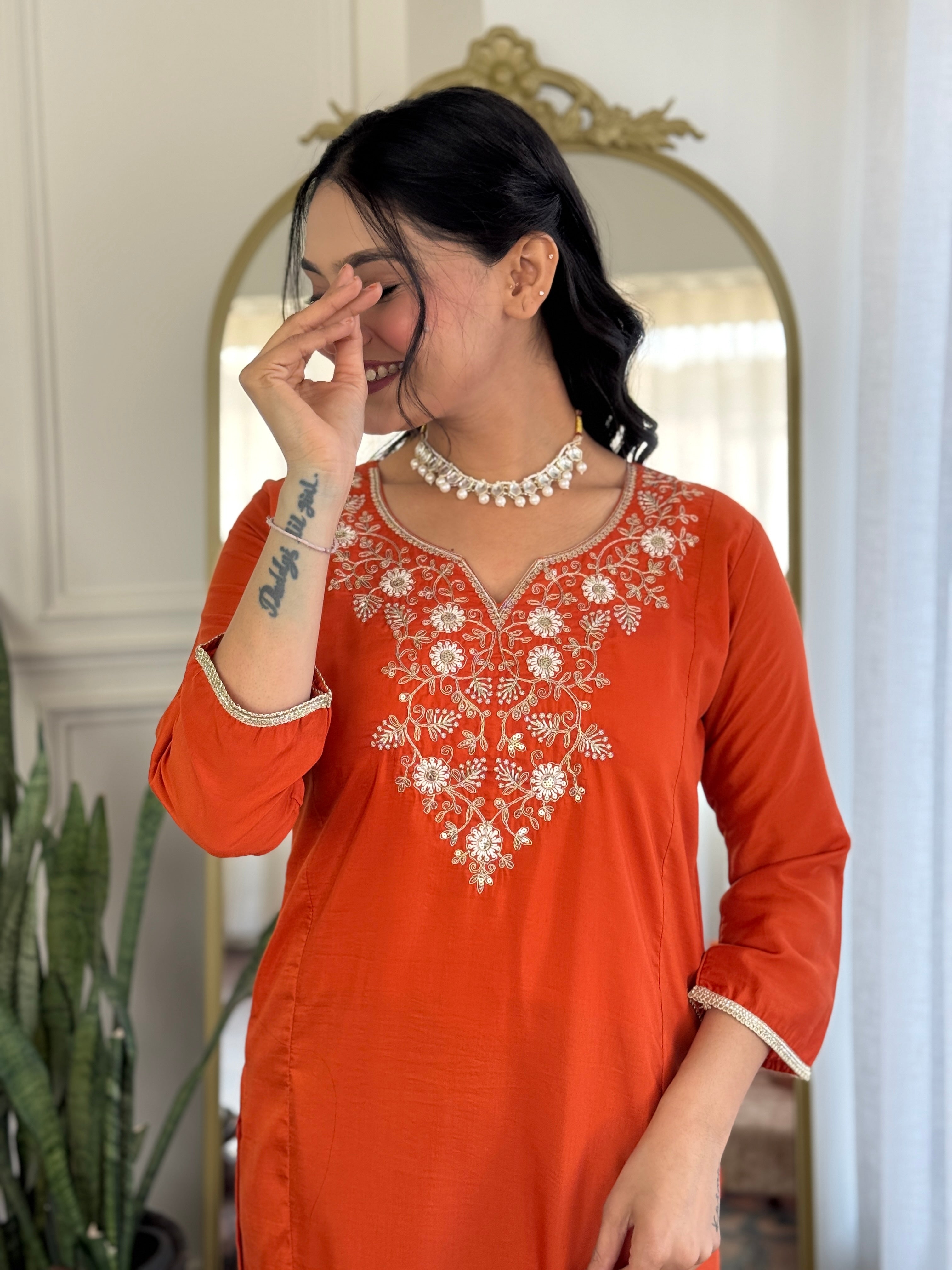 Rust Viscose Chinon Kurta Pant Set with a Matching Lace-Border Dupatta