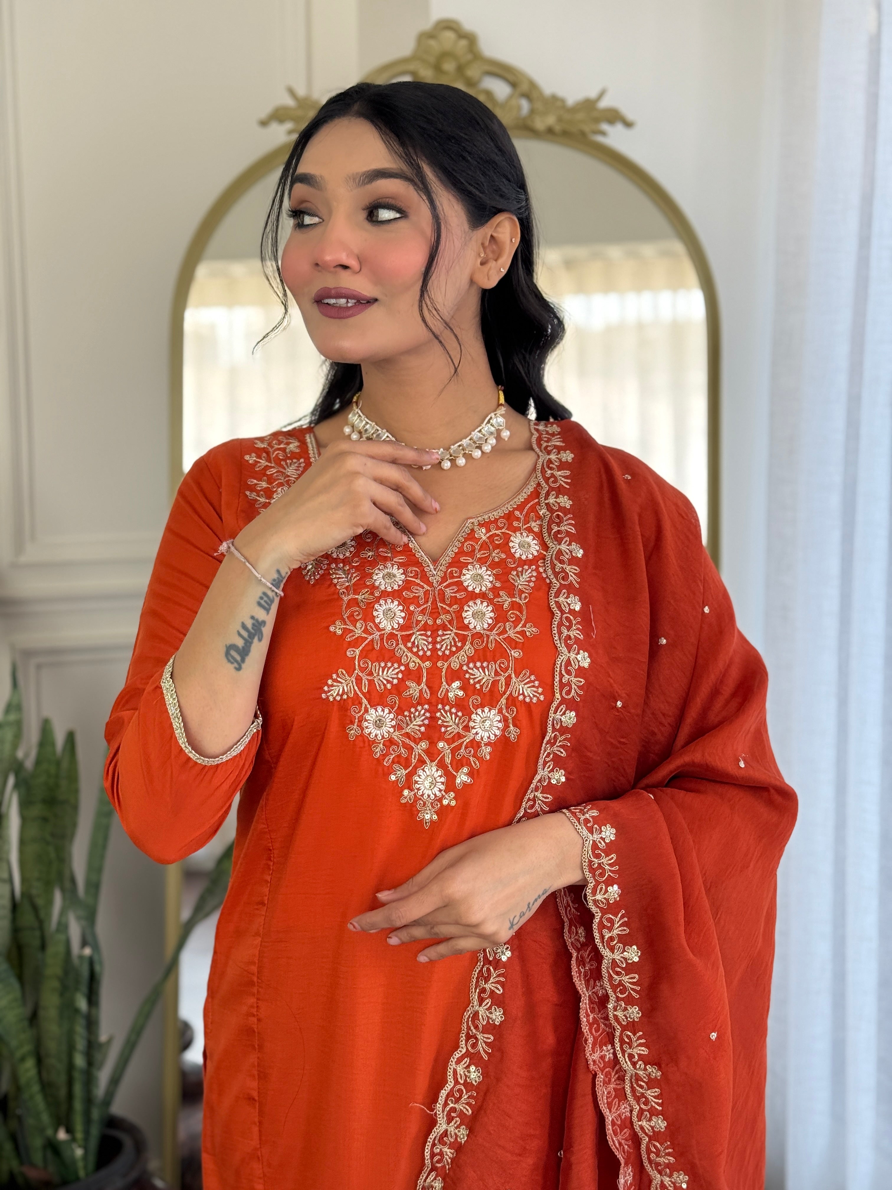 Rust Viscose Chinon Kurta Pant Set with a Matching Lace-Border Dupatta