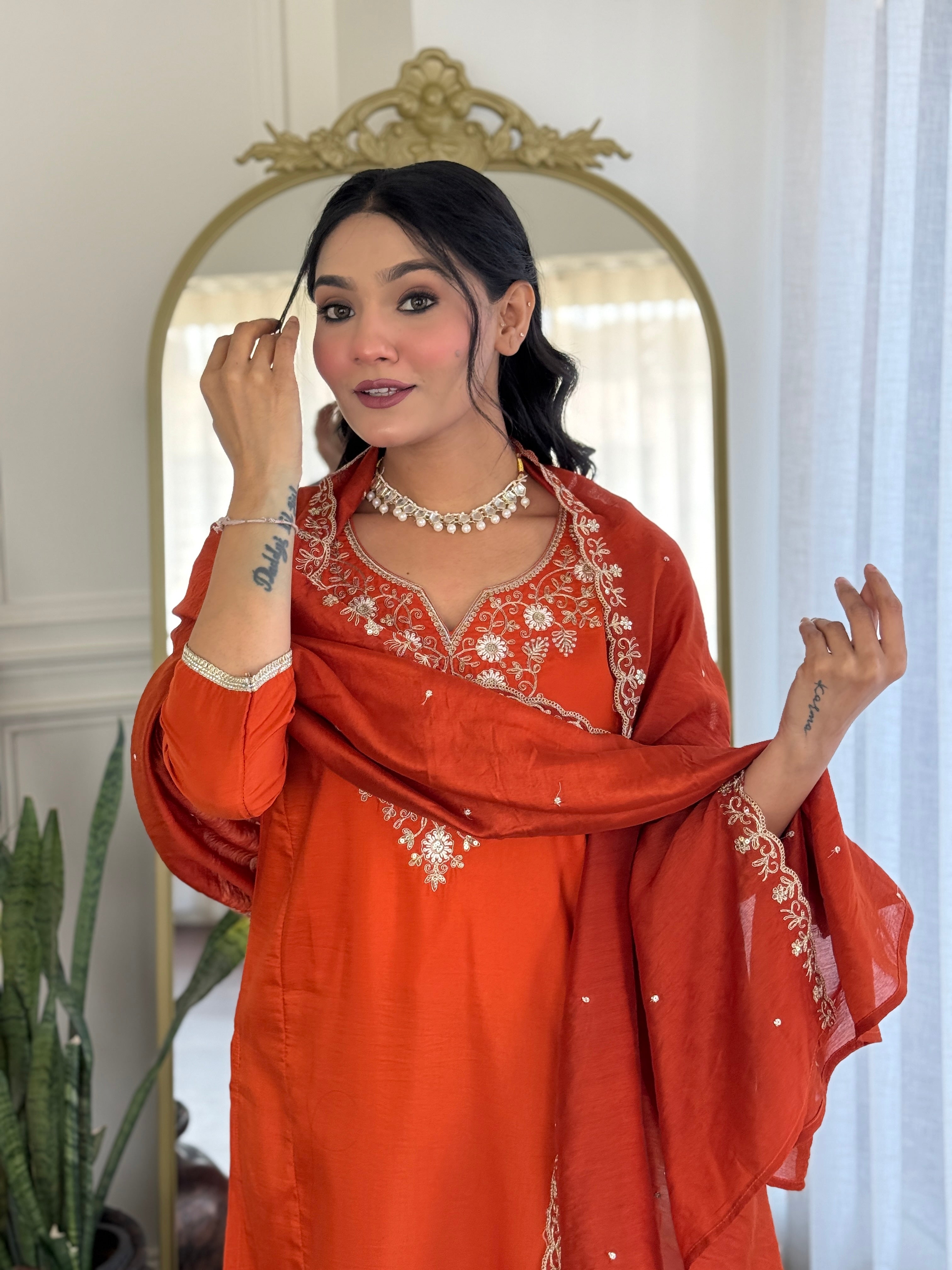 Rust Viscose Chinon Kurta Pant Set with a Matching Lace-Border Dupatta