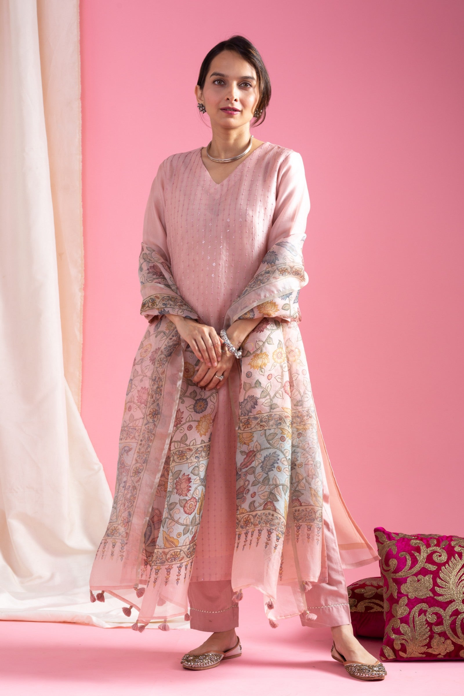 Pink Viscose Chanderi Straight Kurta Pant Set with a Floral Printed Dupatta