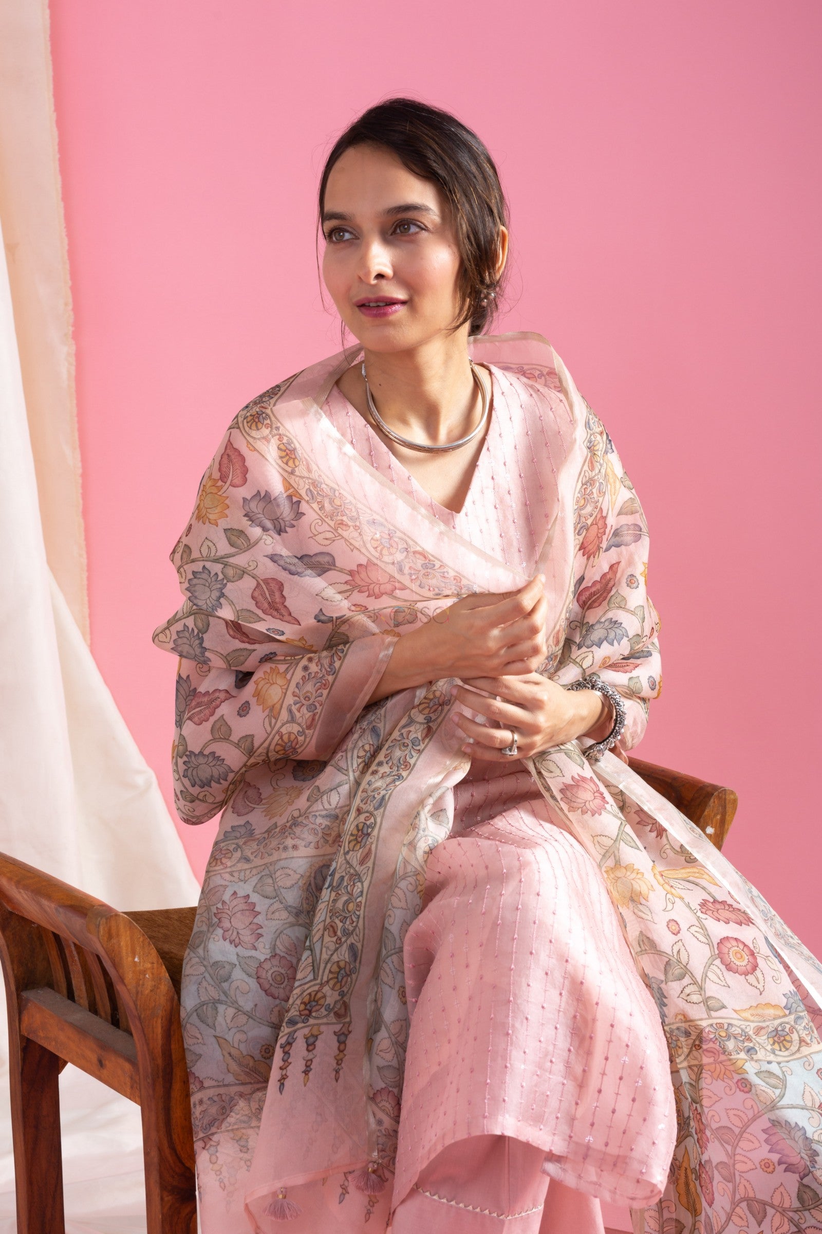 Pink Viscose Chanderi Straight Kurta Pant Set with a Floral Printed Dupatta
