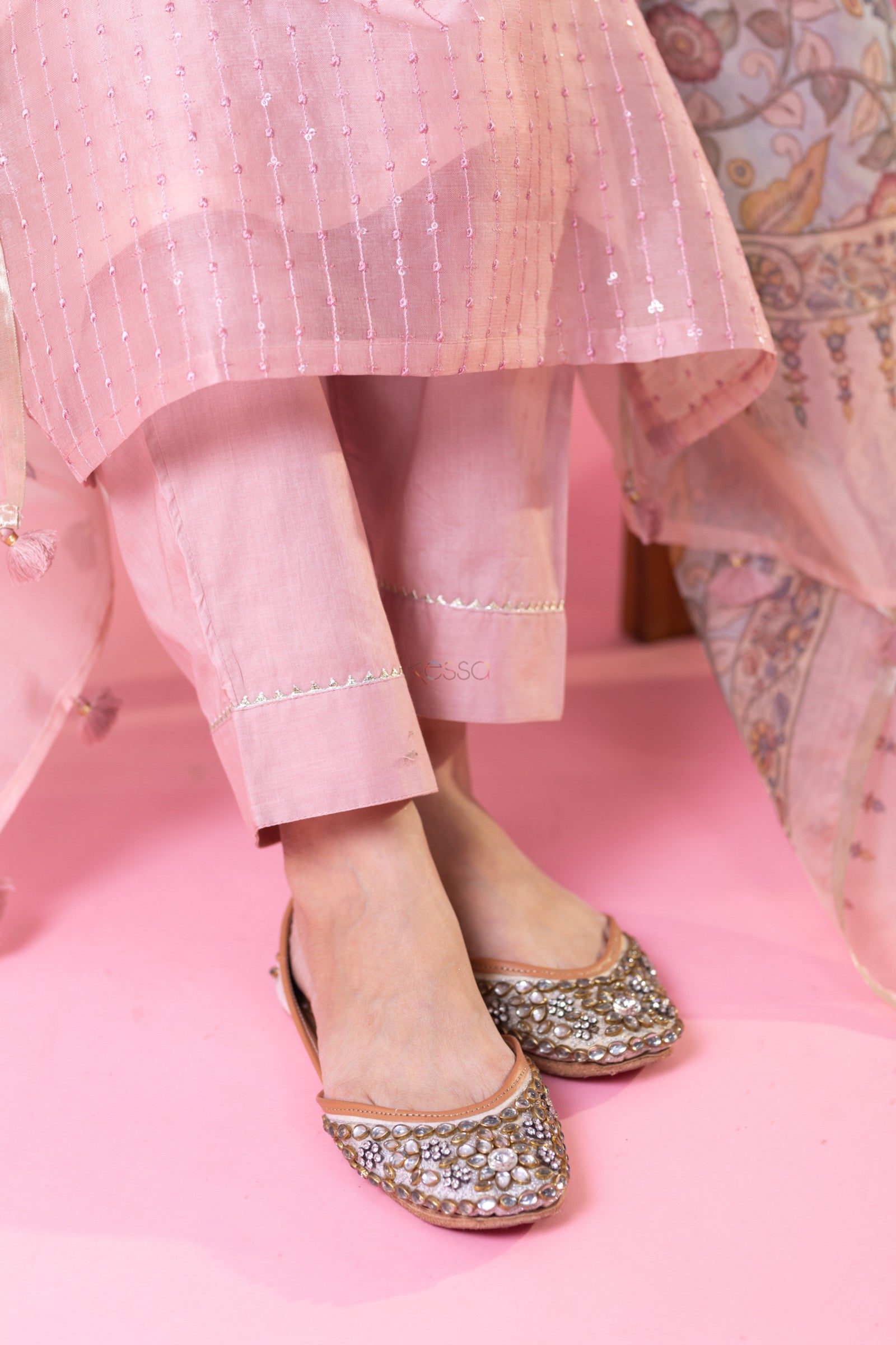 Pink Viscose Chanderi Straight Kurta Pant Set with a Floral Printed Dupatta