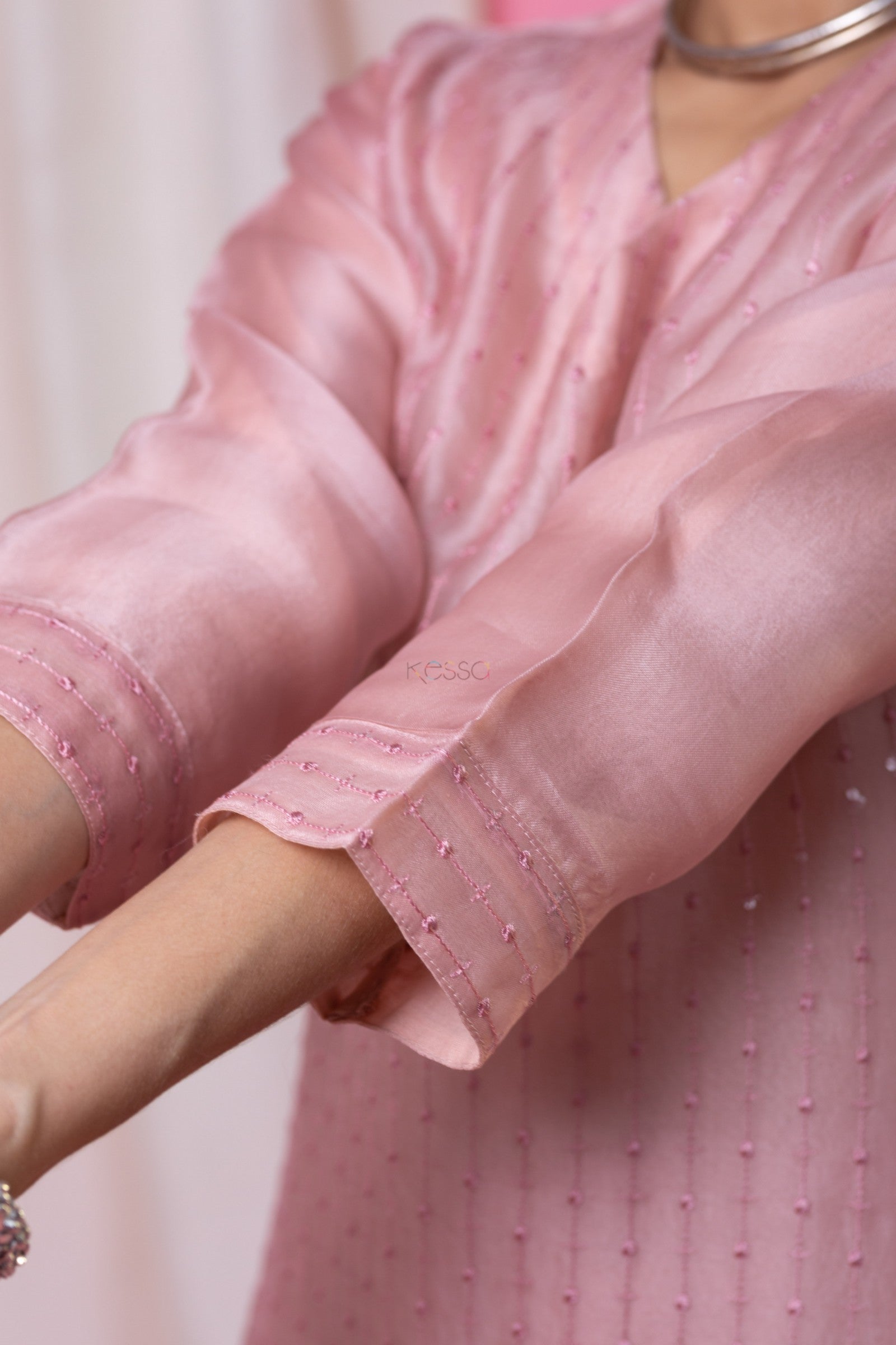 Pink Viscose Chanderi Straight Kurta Pant Set with a Floral Printed Dupatta