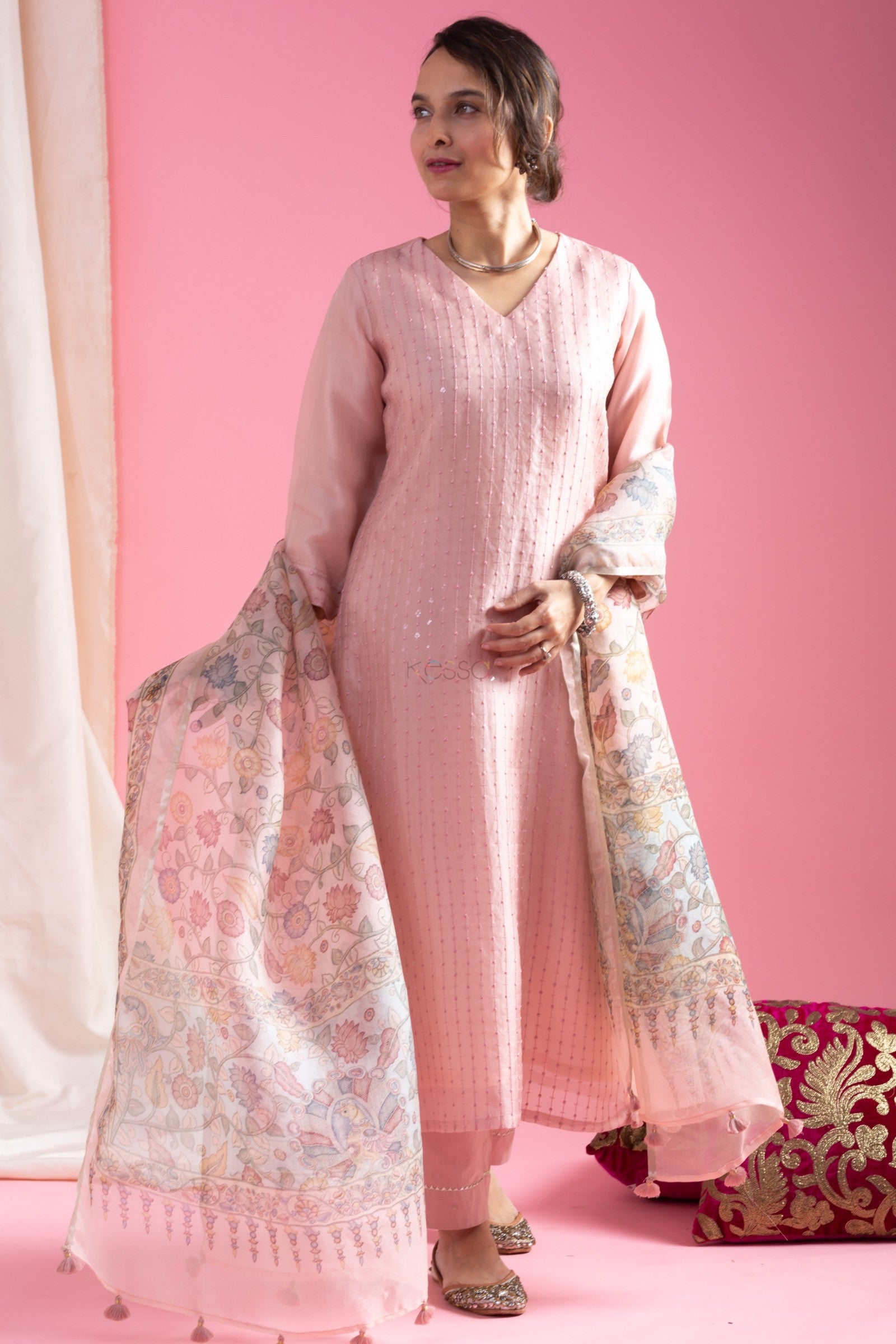 Pink Viscose Chanderi Straight Kurta Pant Set with a Floral Printed Dupatta