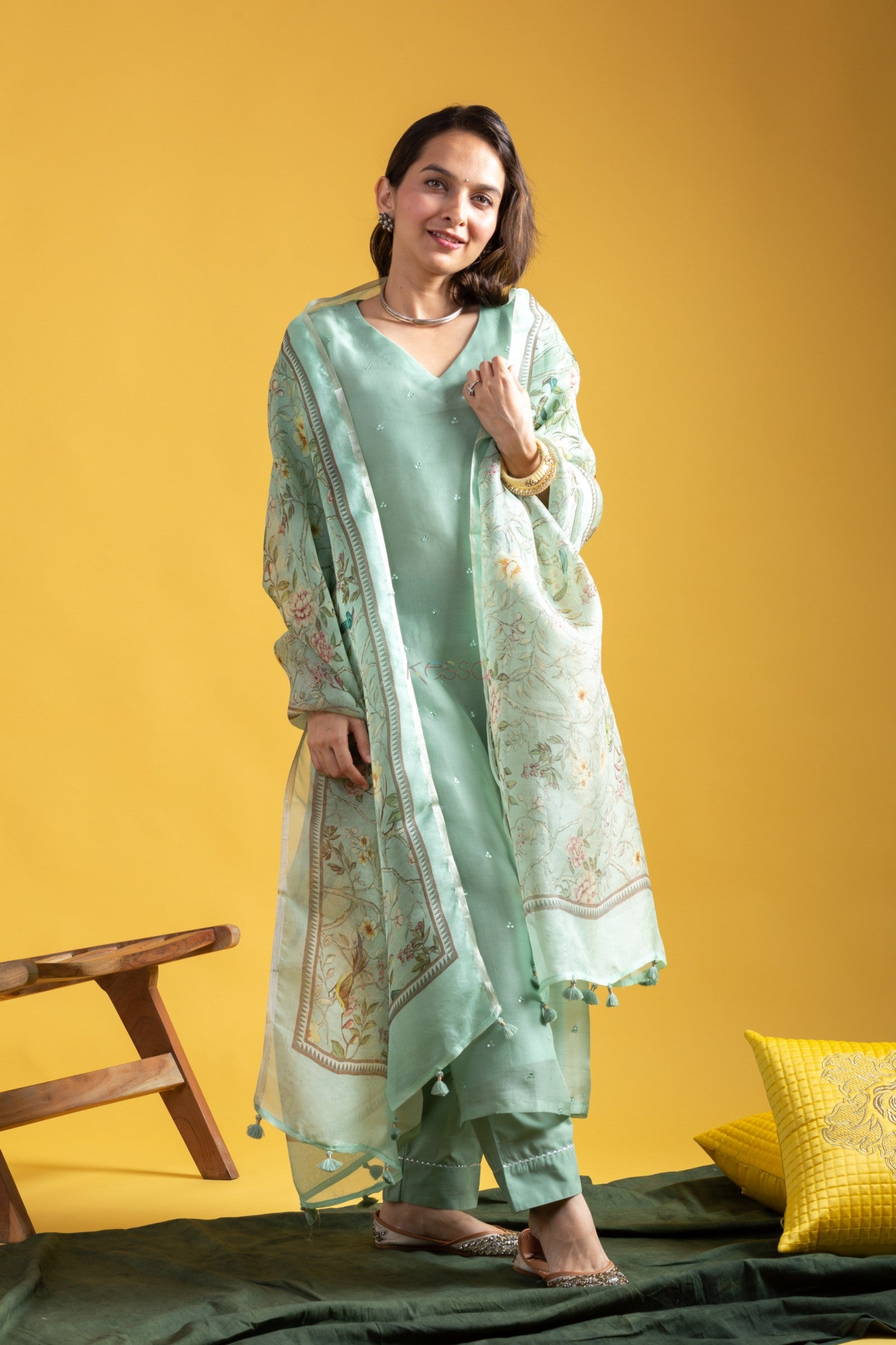 Mint/Pista Green Kurta Pant Set with a Floral Printed Dupatta