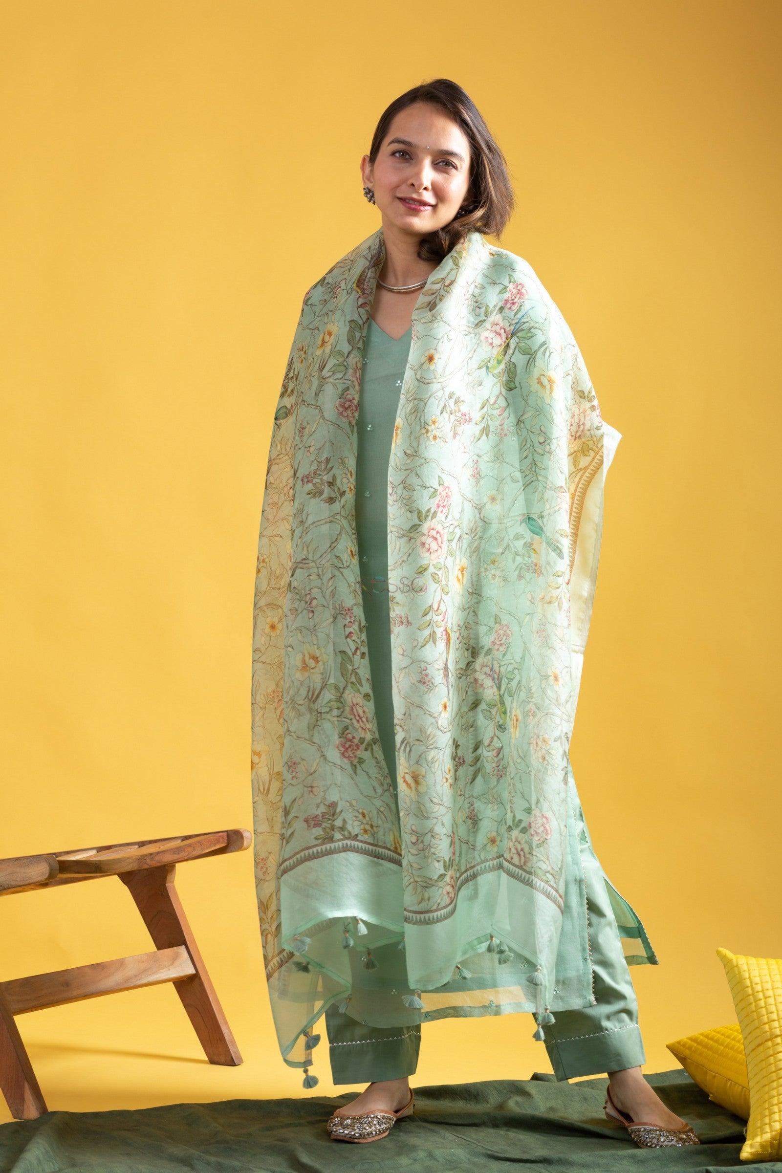 Mint/Pista Green Kurta Pant Set with a Floral Printed Dupatta