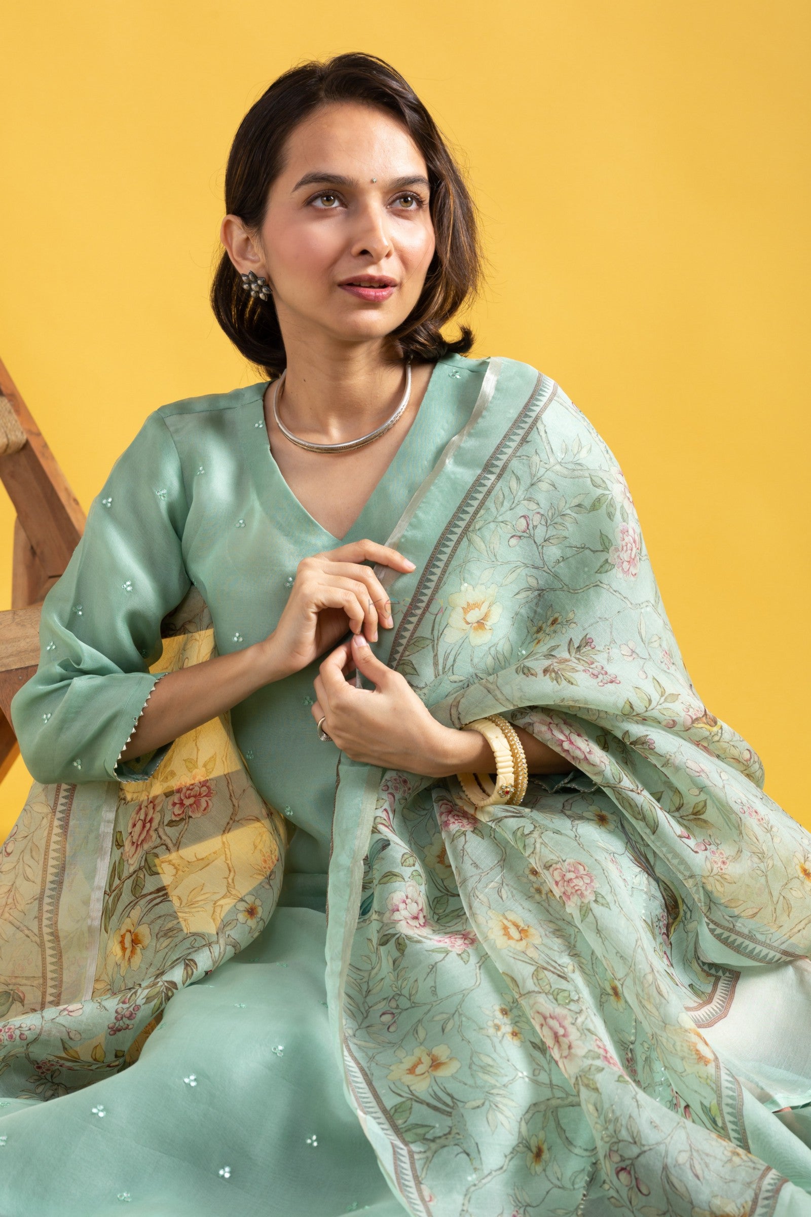 Mint/Pista Green Kurta Pant Set with a Floral Printed Dupatta