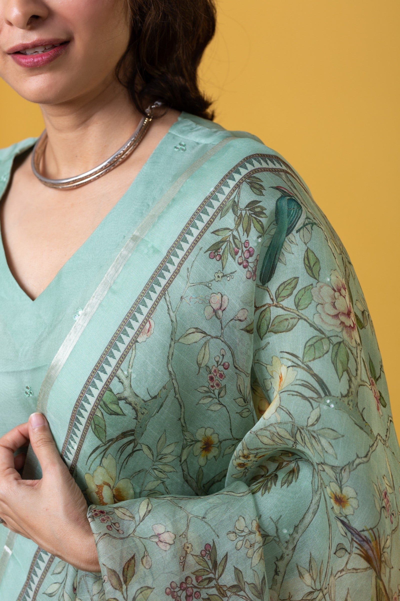 Mint/Pista Green Kurta Pant Set with a Floral Printed Dupatta