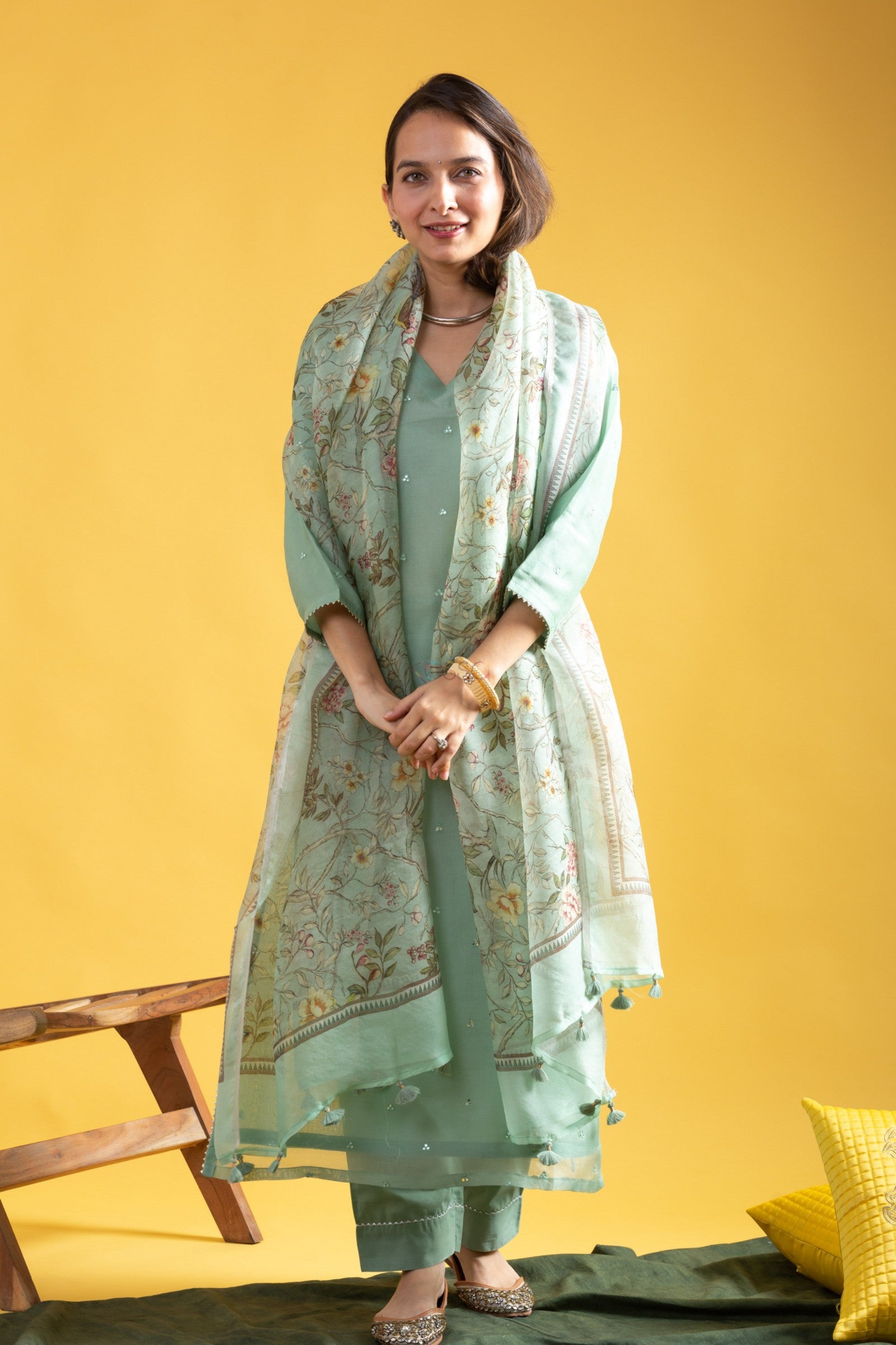 Mint/Pista Green Kurta Pant Set with a Floral Printed Dupatta