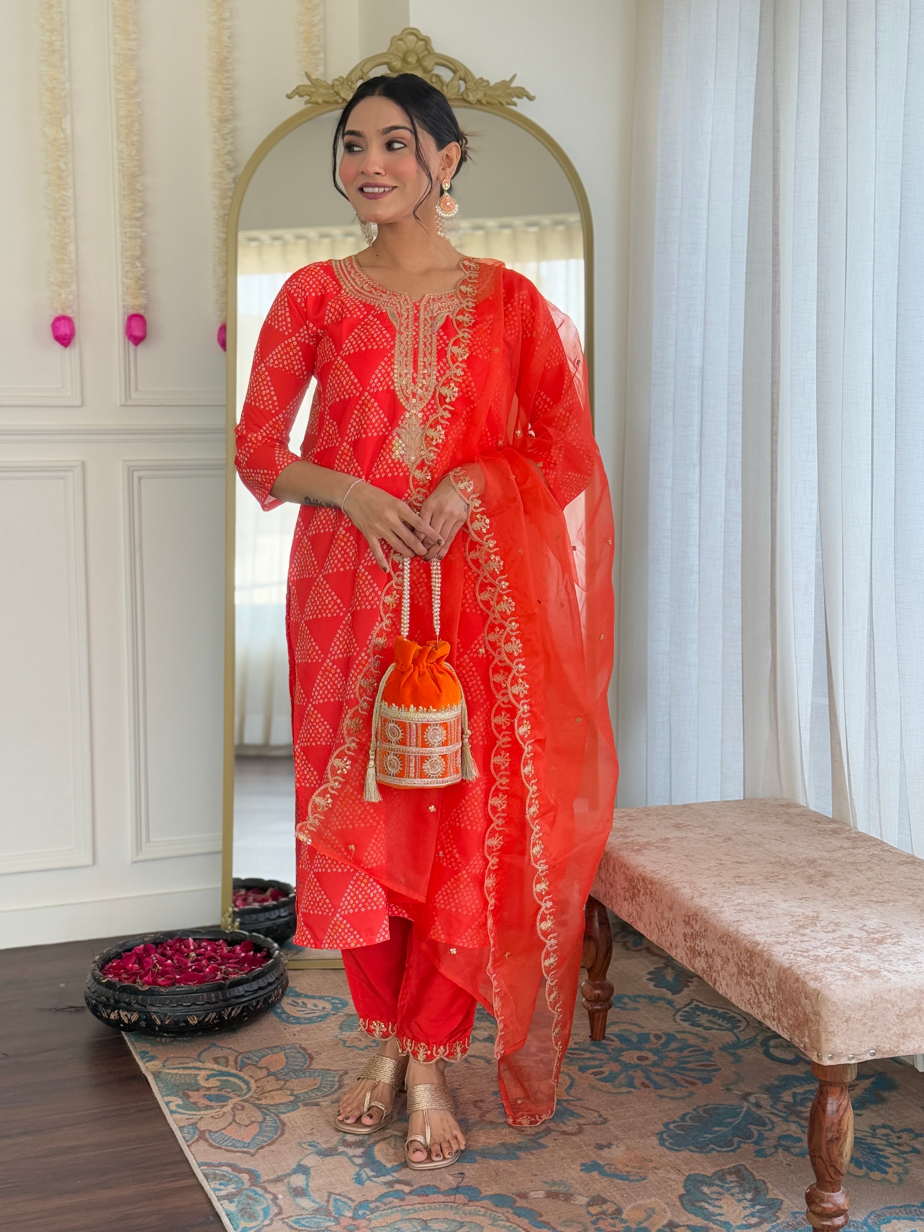Orange French Crepe Geometric Bandhani Printed Straight Kurta Pant & Dupatta