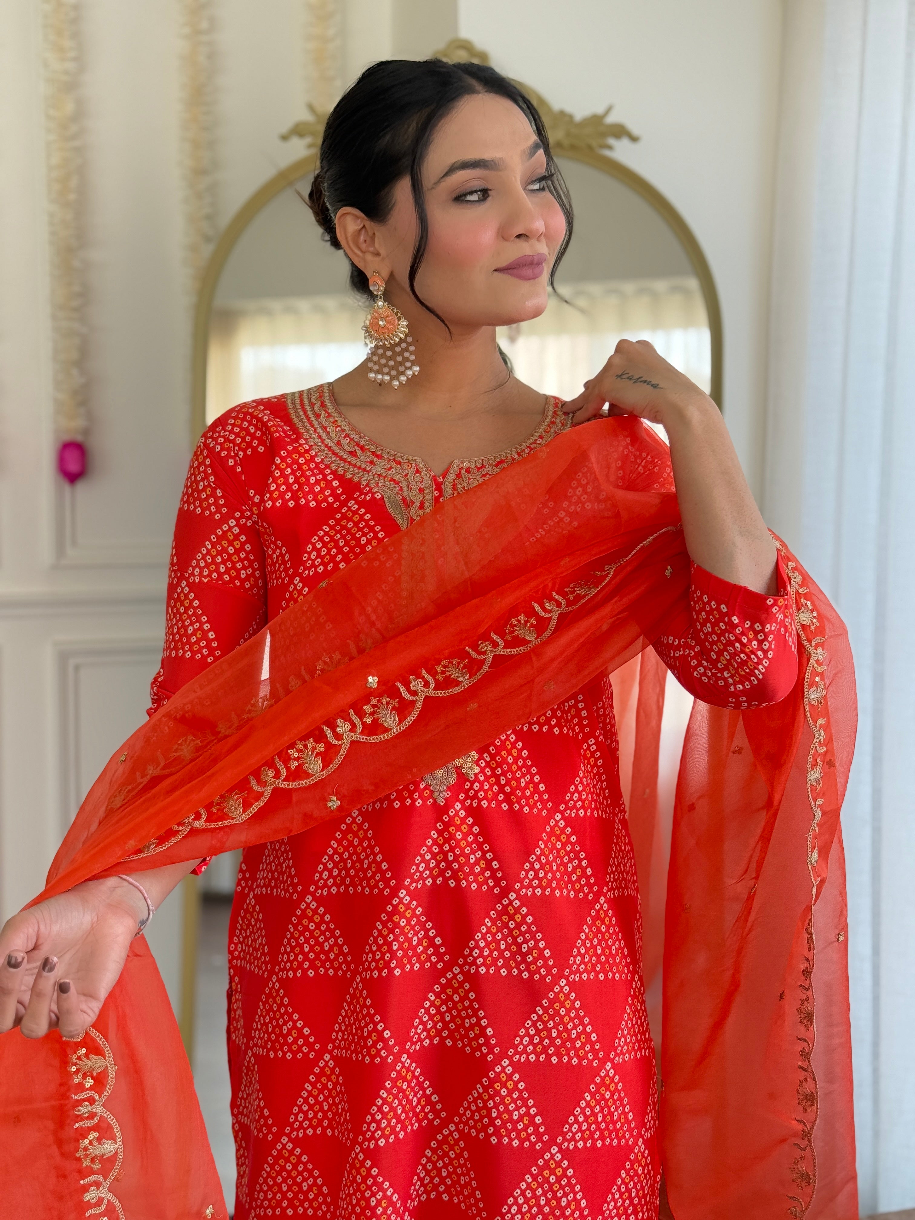 Orange French Crepe Geometric Bandhani Printed Straight Kurta Pant & Dupatta