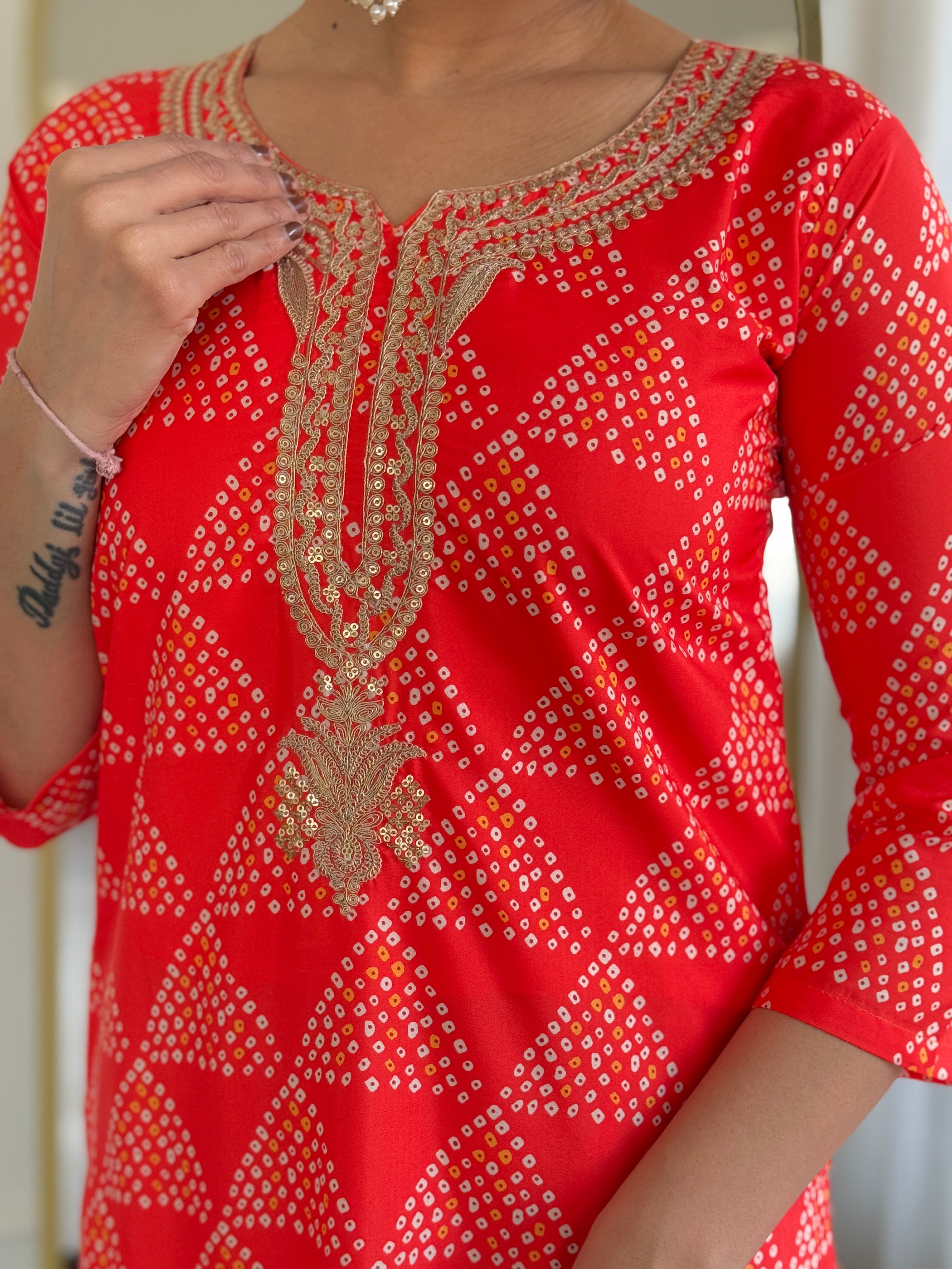 Orange French Crepe Geometric Bandhani Printed Straight Kurta Pant & Dupatta