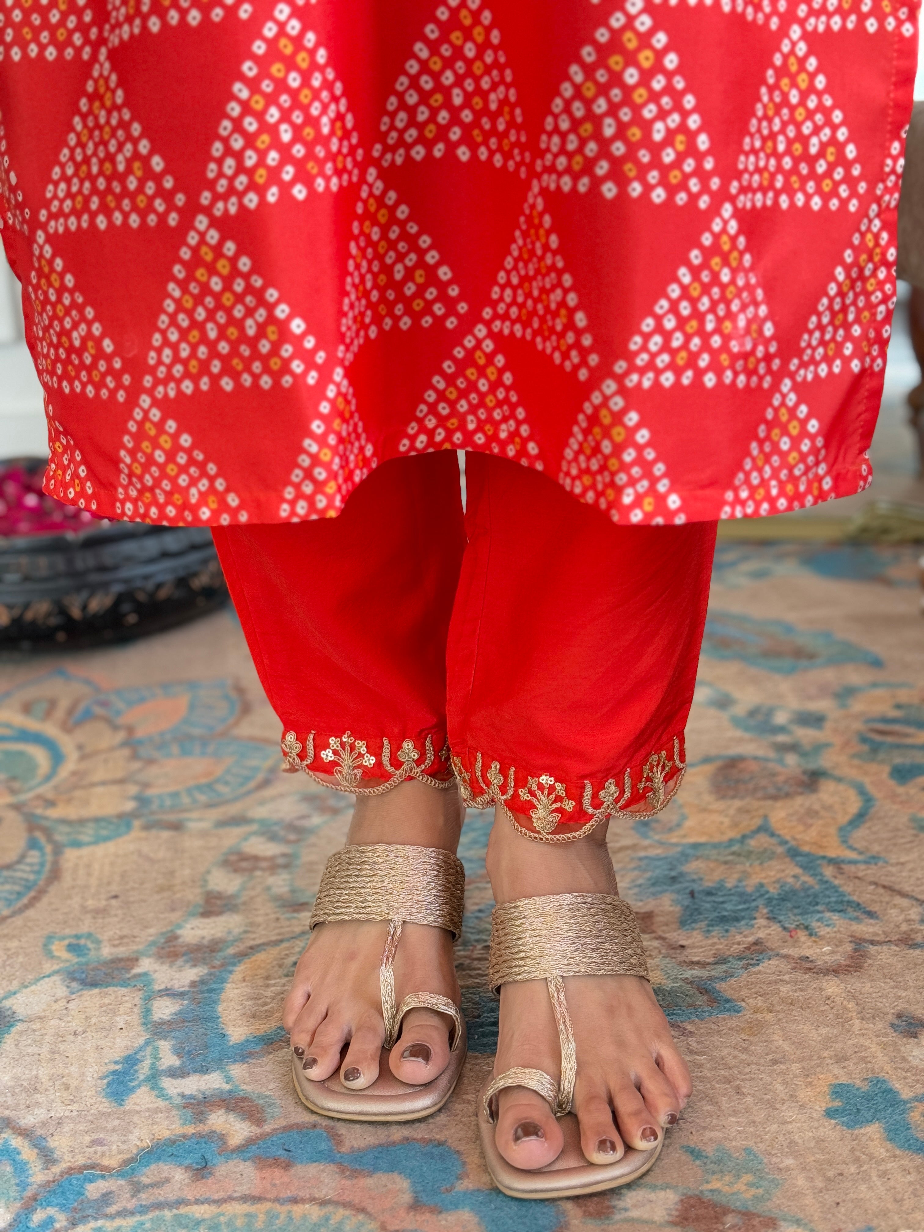 Orange French Crepe Geometric Bandhani Printed Straight Kurta Pant & Dupatta