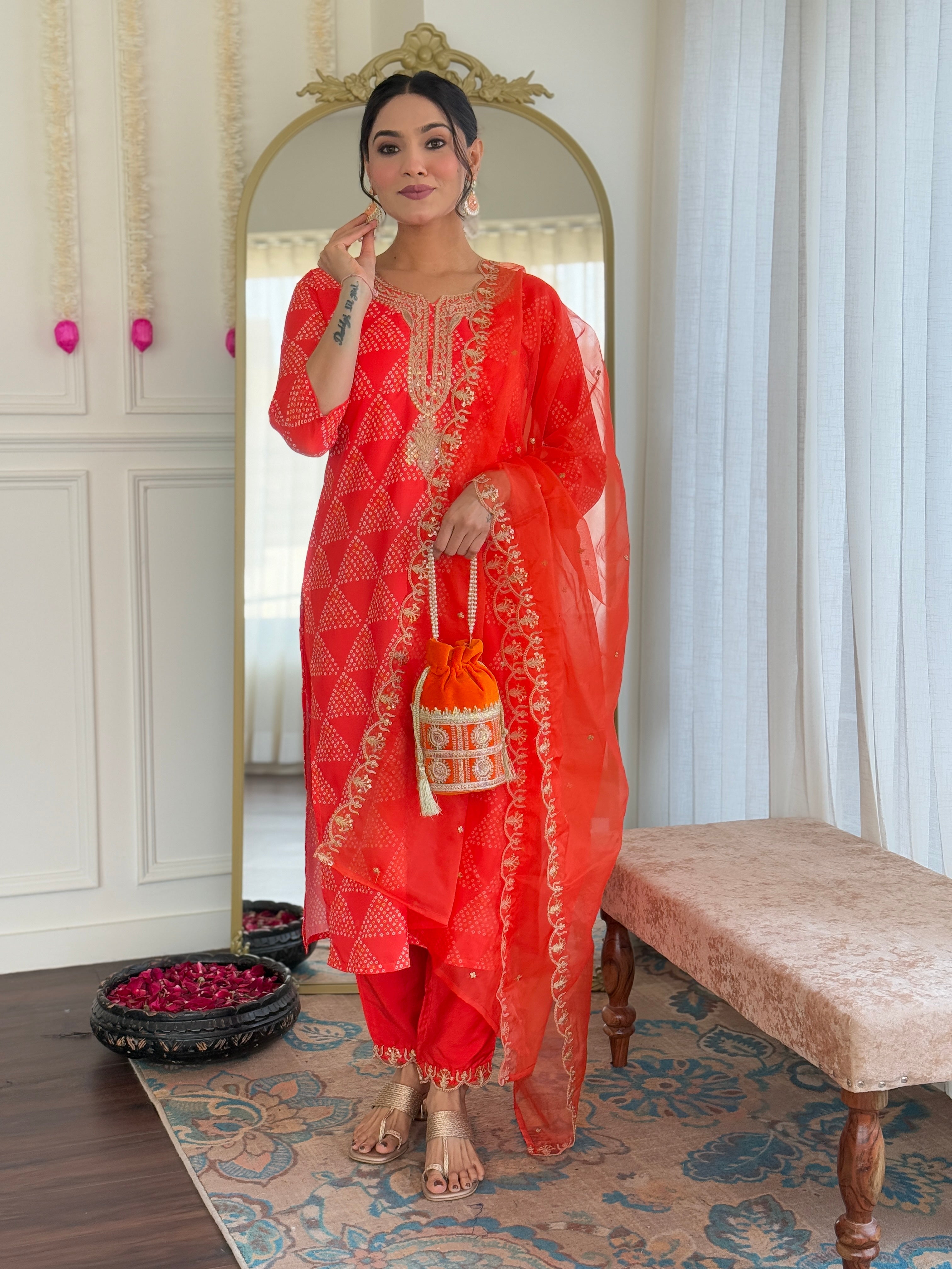 Orange French Crepe Geometric Bandhani Printed Straight Kurta Pant & Dupatta