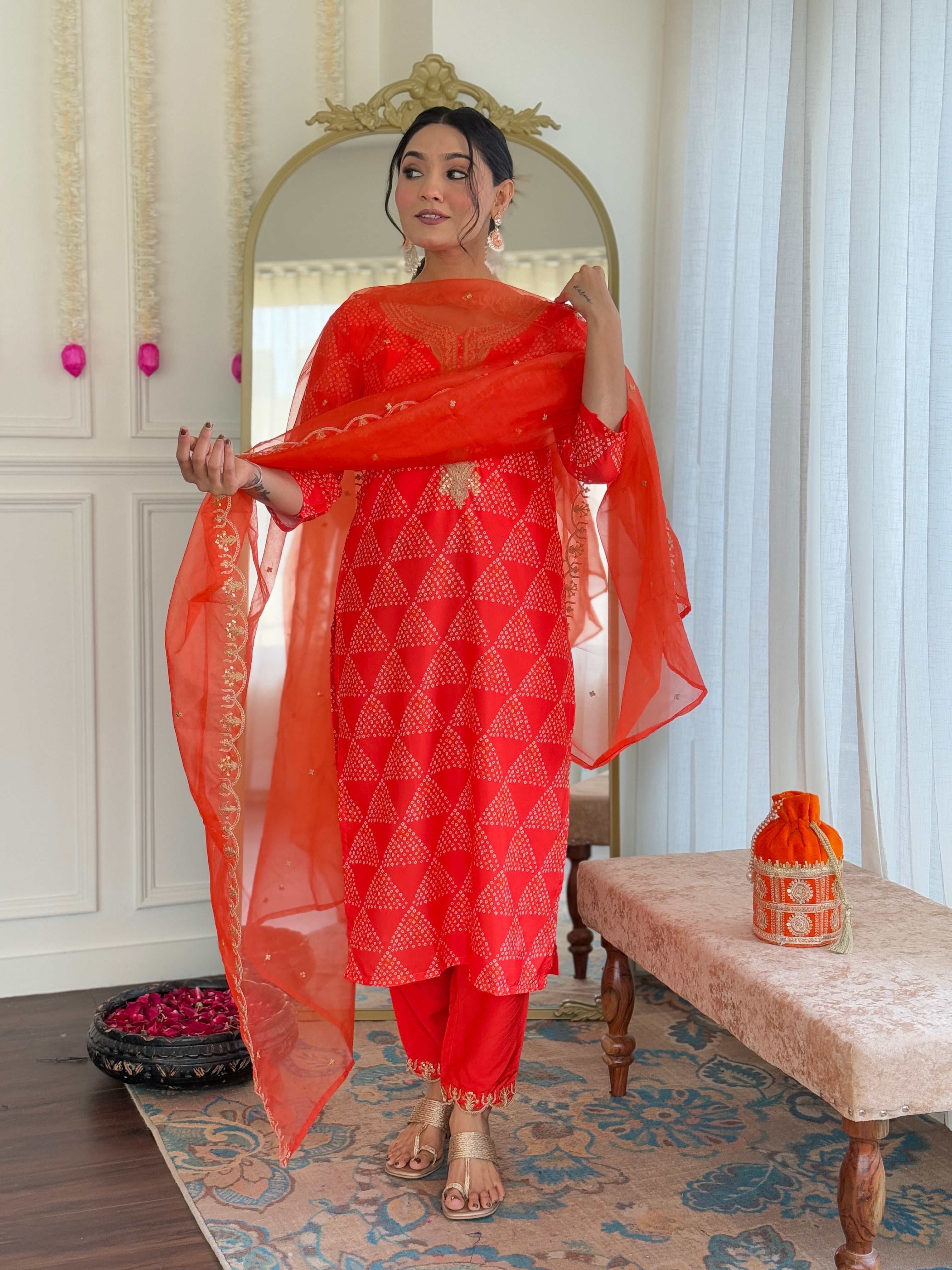 Orange French Crepe Geometric Bandhani Printed Straight Kurta Pant & Dupatta