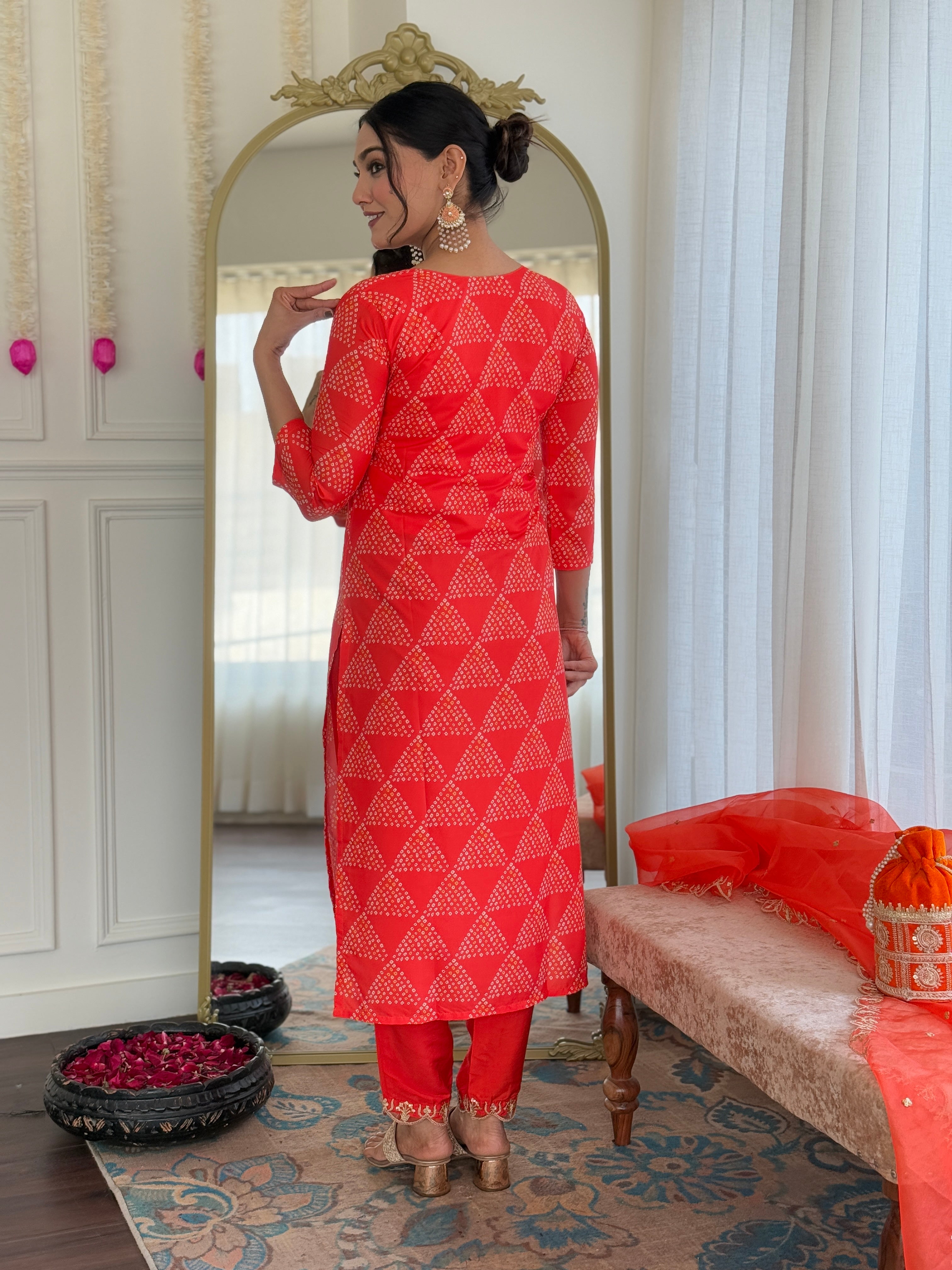Orange French Crepe Geometric Bandhani Printed Straight Kurta Pant & Dupatta