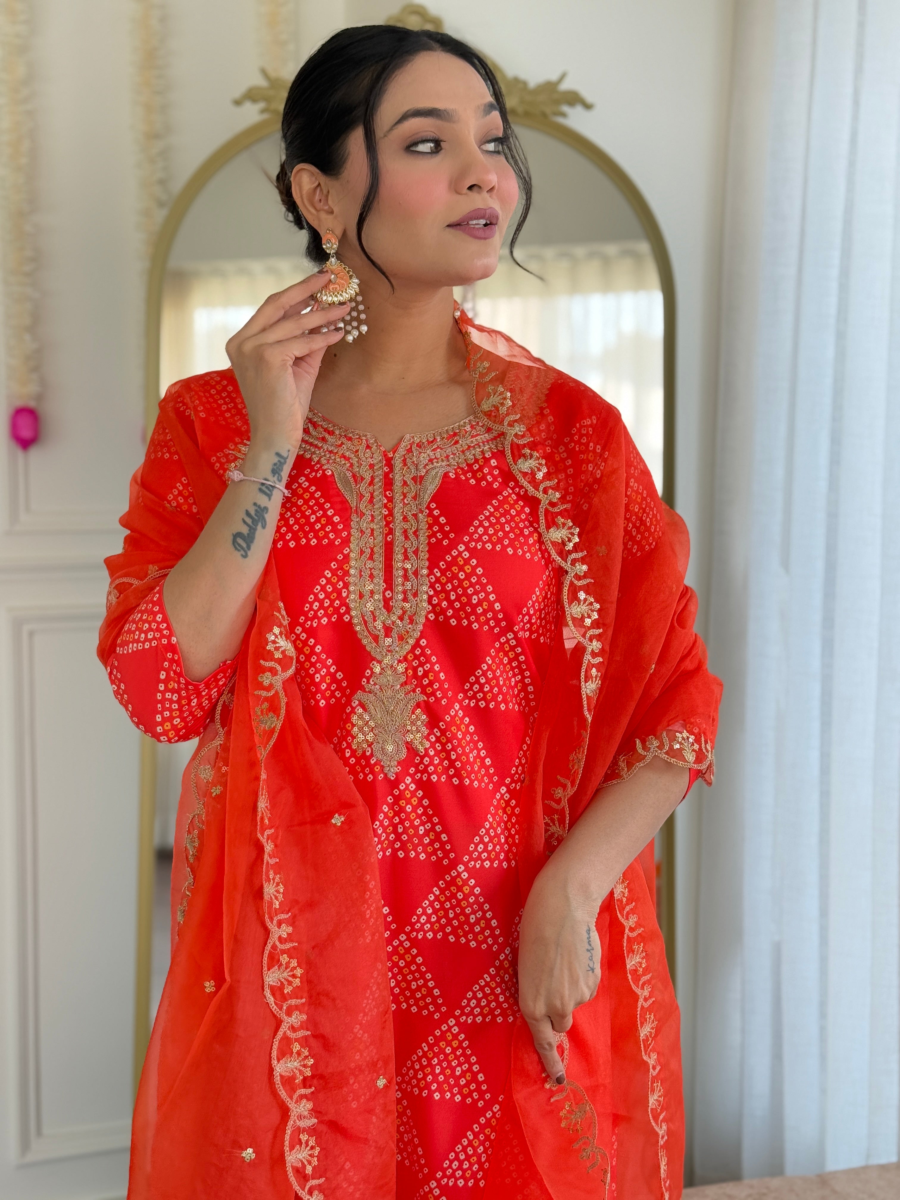 Orange French Crepe Geometric Bandhani Printed Straight Kurta Pant & Dupatta